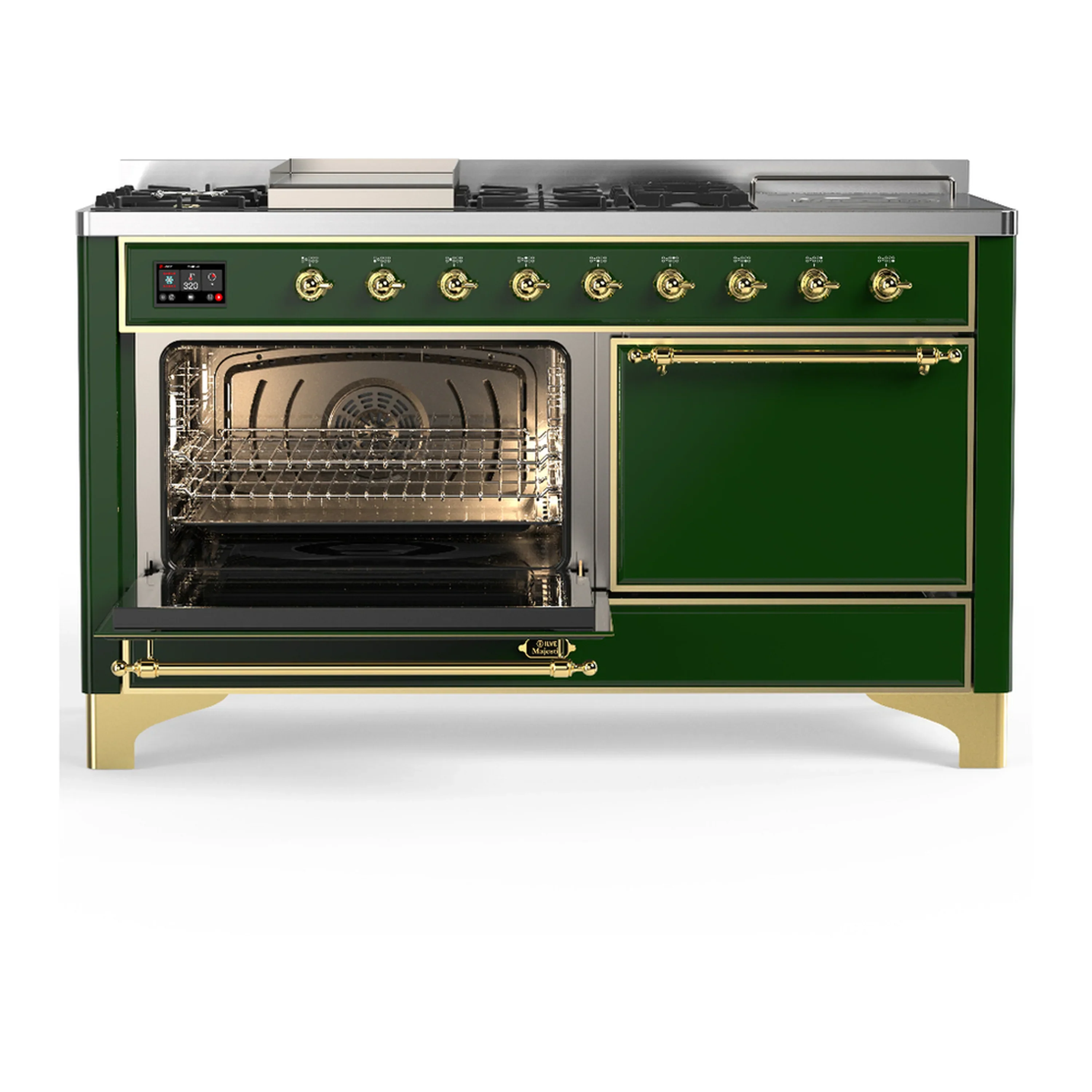 ILVE Majestic III 60-inch Dual Fuel Range with 5 Liquid Propane Burner, Griddle, French Top and Solid Door Electric Oven in Emerald Green with Brass Trim (UM60FSQNR3EGGLP) - Image 5