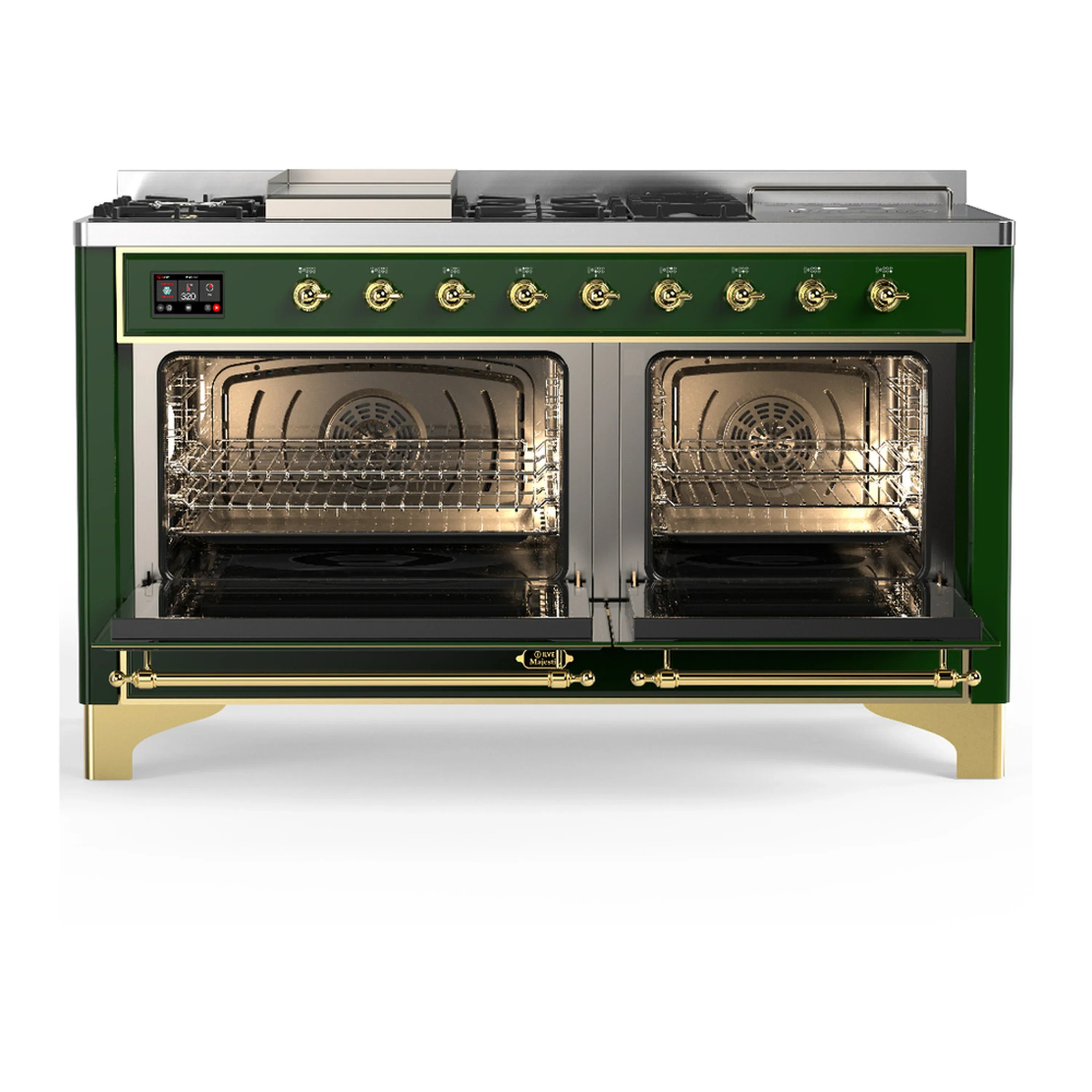 ILVE Majestic III 60-inch Dual Fuel Range with 5 Liquid Propane Burner, Griddle, French Top and Solid Door Electric Oven in Emerald Green with Brass Trim (UM60FSQNR3EGGLP) - Image 6