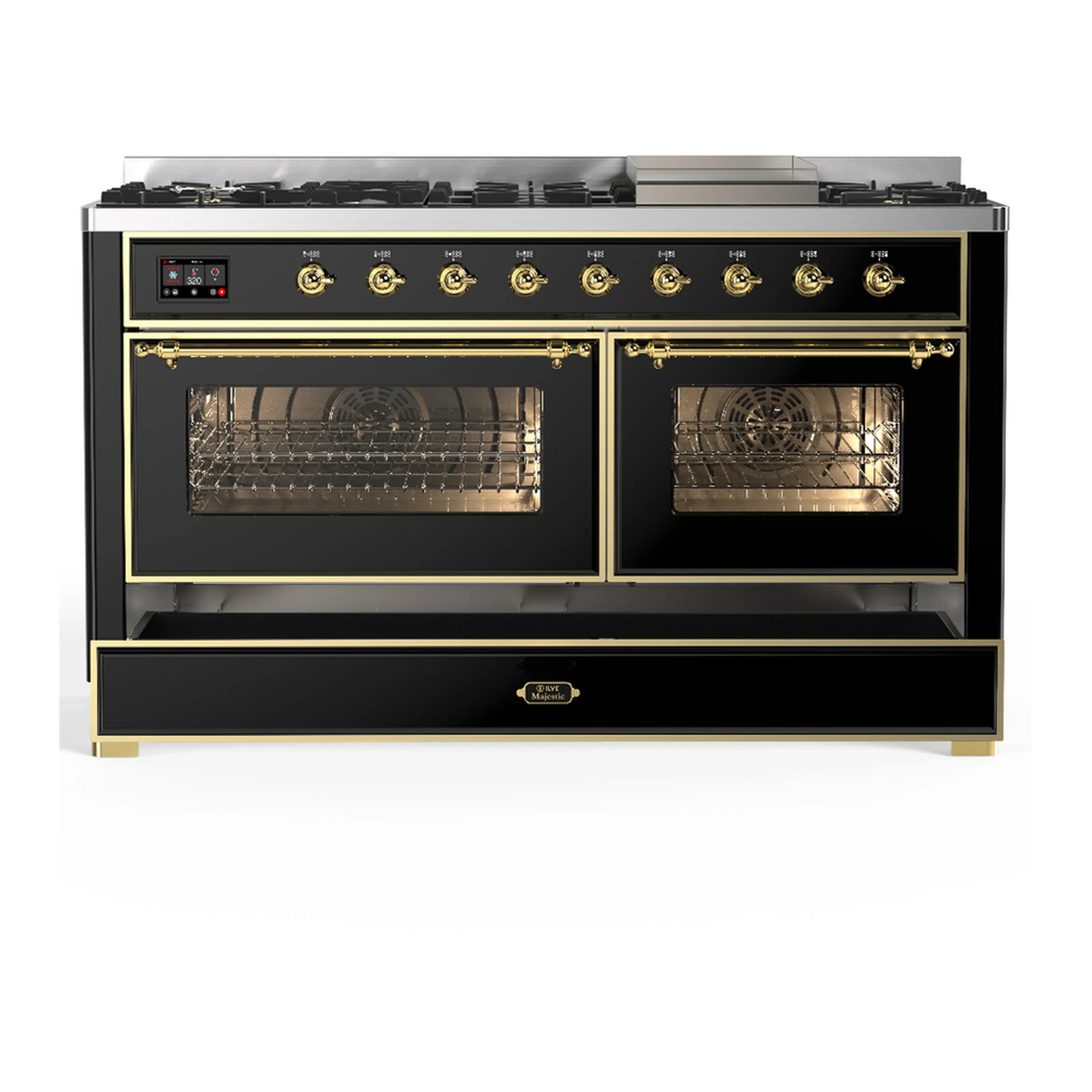 ILVE Majestic III 60-inch Dual Fuel Range with 7 Natural Gas Burner, Griddle and Triple Glass Door Electric Oven in Glossy Black with Brass Trim (UM60FNR3BKG) - Image 3
