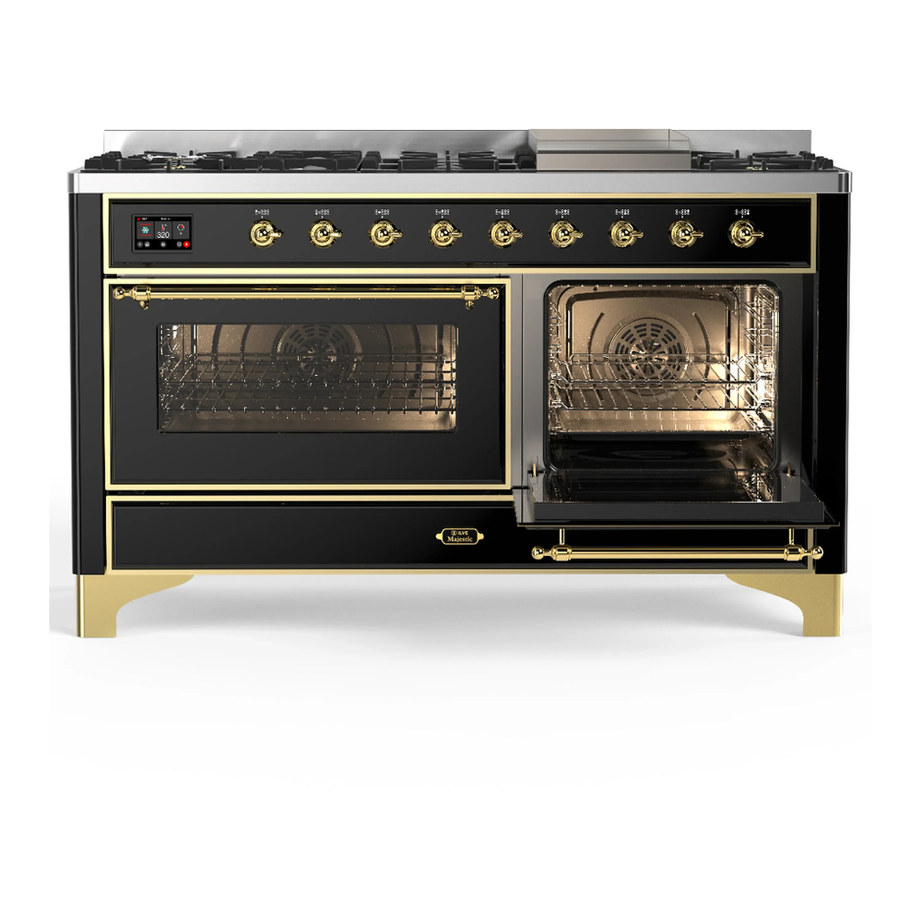 ILVE Majestic III 60-inch Dual Fuel Range with 7 Natural Gas Burner, Griddle and Triple Glass Door Electric Oven in Glossy Black with Brass Trim (UM60FNR3BKG) - Image 4