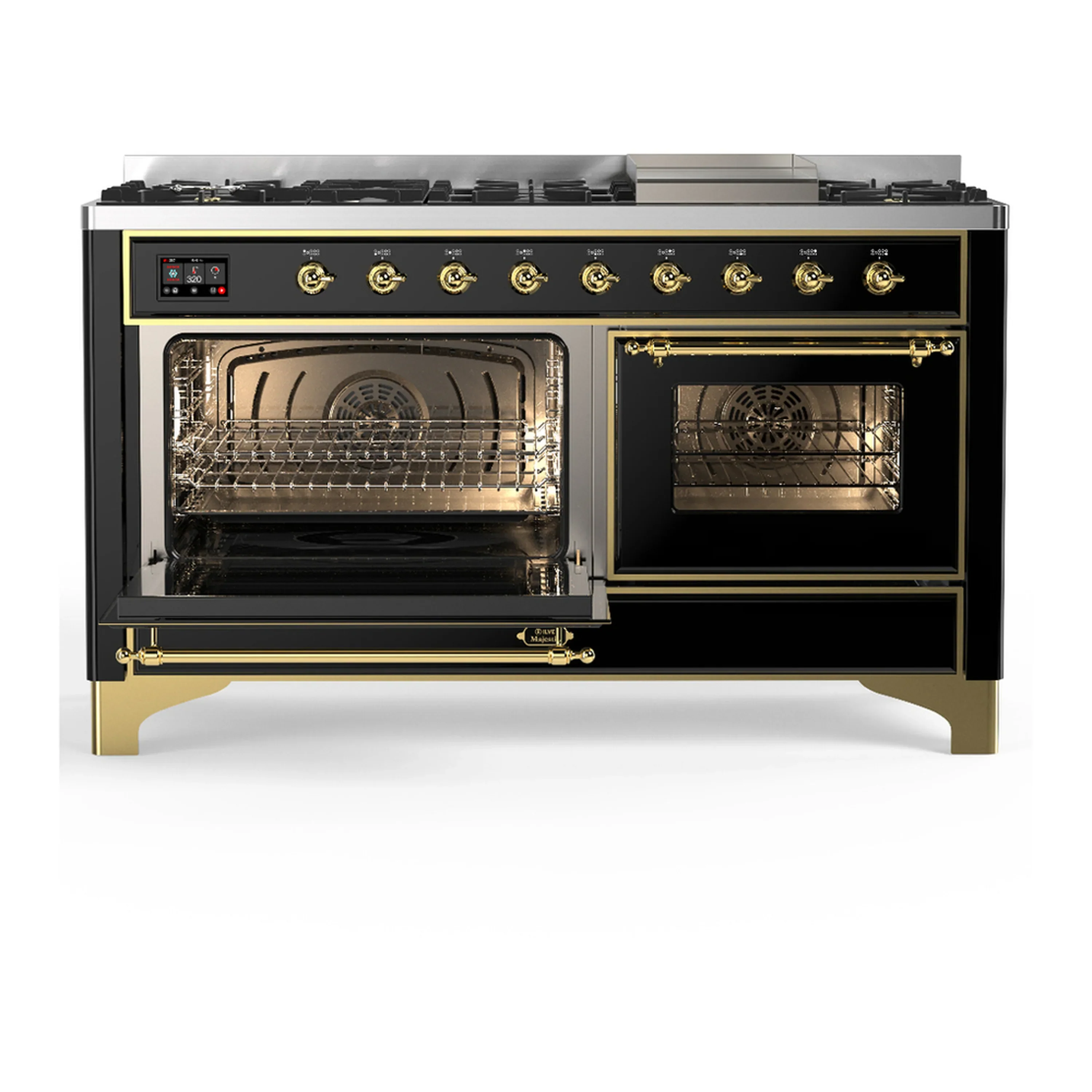 ILVE Majestic III 60-inch Dual Fuel Range with 7 Natural Gas Burner, Griddle and Triple Glass Door Electric Oven in Glossy Black with Brass Trim (UM60FNR3BKG) - Image 5