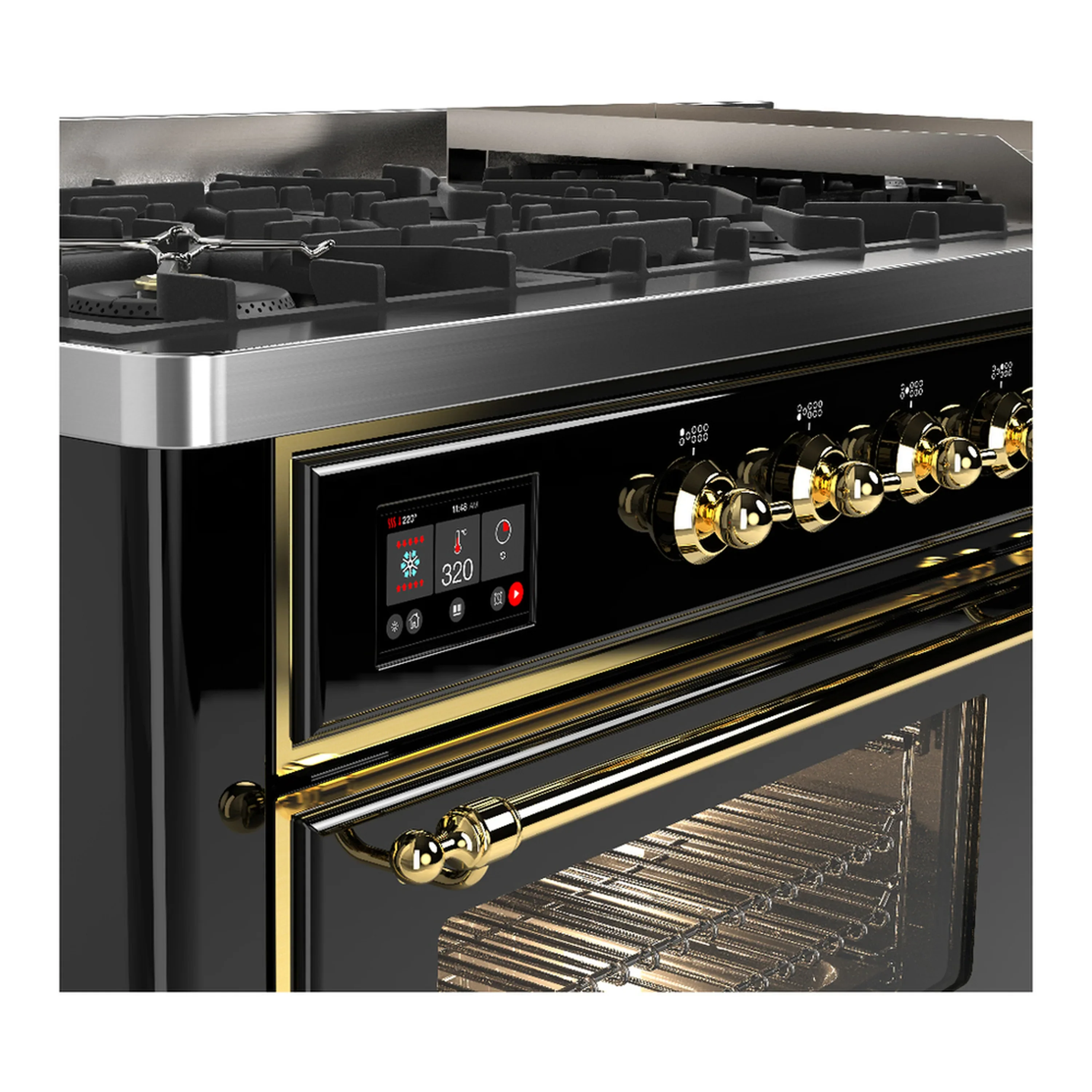 ILVE Majestic III 60-inch Dual Fuel Range with 5 Liquid Propane Burner, Griddle and Triple Glass Door Electric Oven in Glossy Black with Brass Trim (UM60FNR3BKGLP) - Image 7