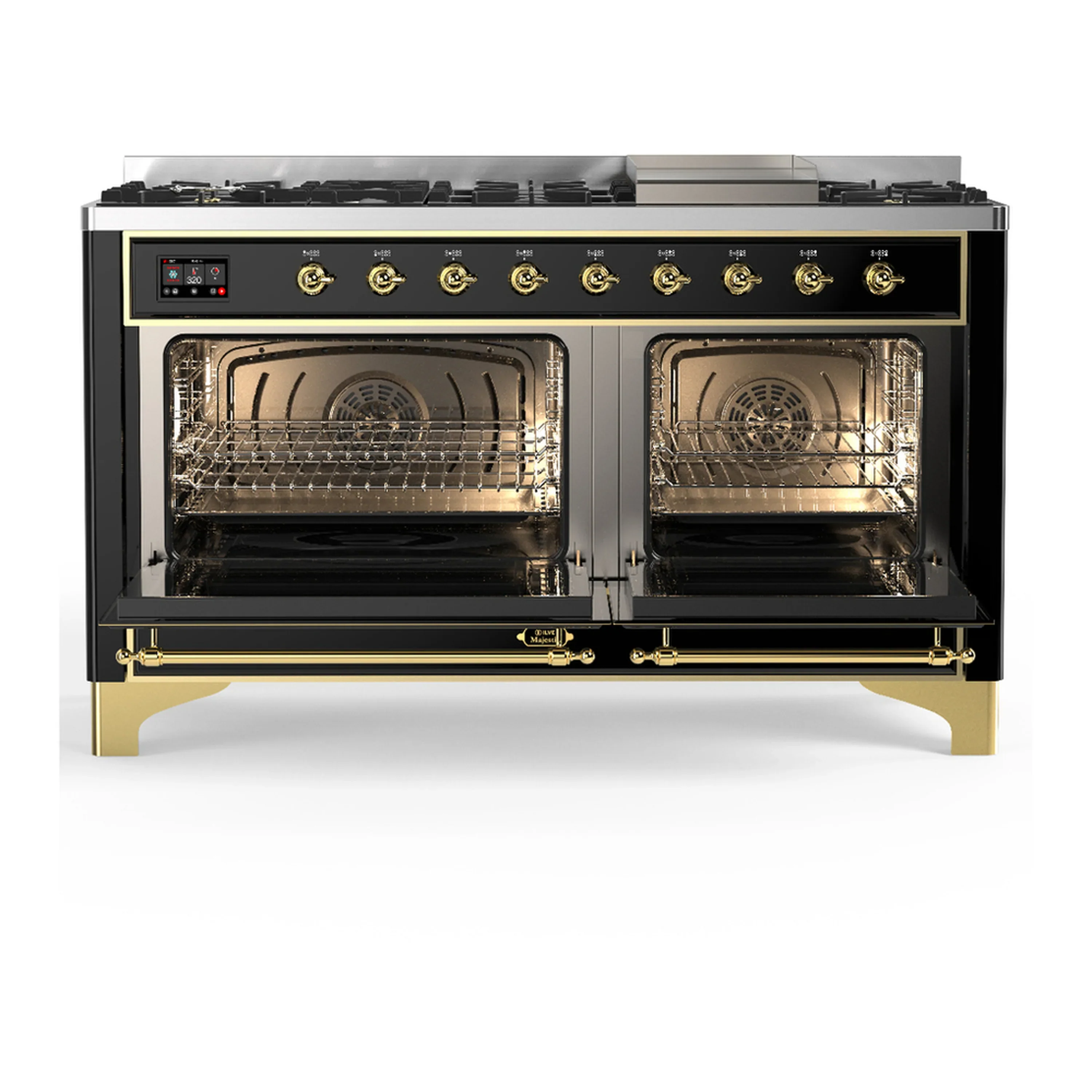 ILVE Majestic III 60-inch Dual Fuel Range with 7 Natural Gas Burner, Griddle and Solid Door Electric Oven in Glossy Black with Brass Trim (UM60FQNR3BKG) - Image 6