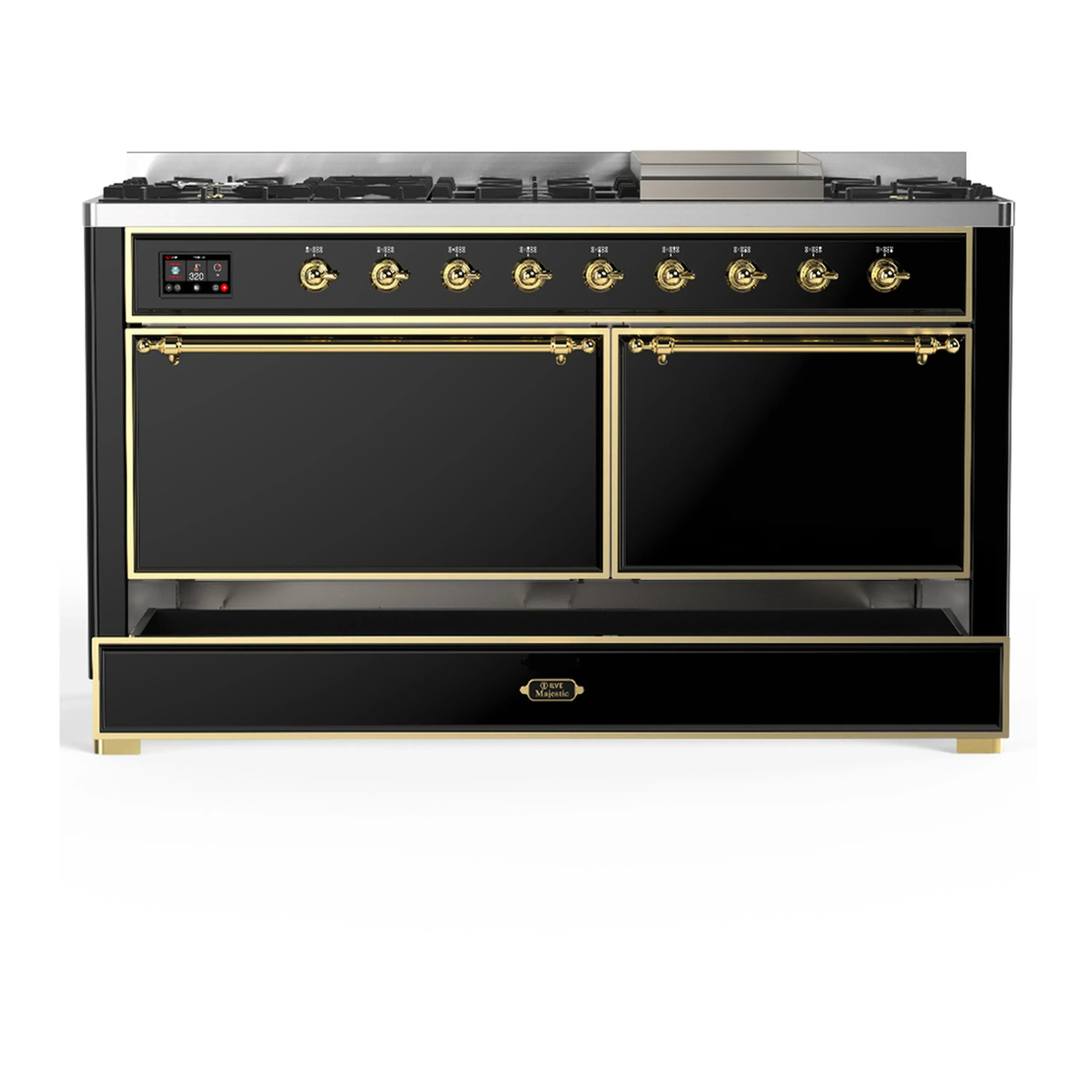 ILVE Majestic III 60-inch Dual Fuel Range with 5 Liquid Propane Burner, Griddle and Solid Door Electric Oven in Glossy Black with Brass Trim (UM60FQNR3BKGLP) - Image 3