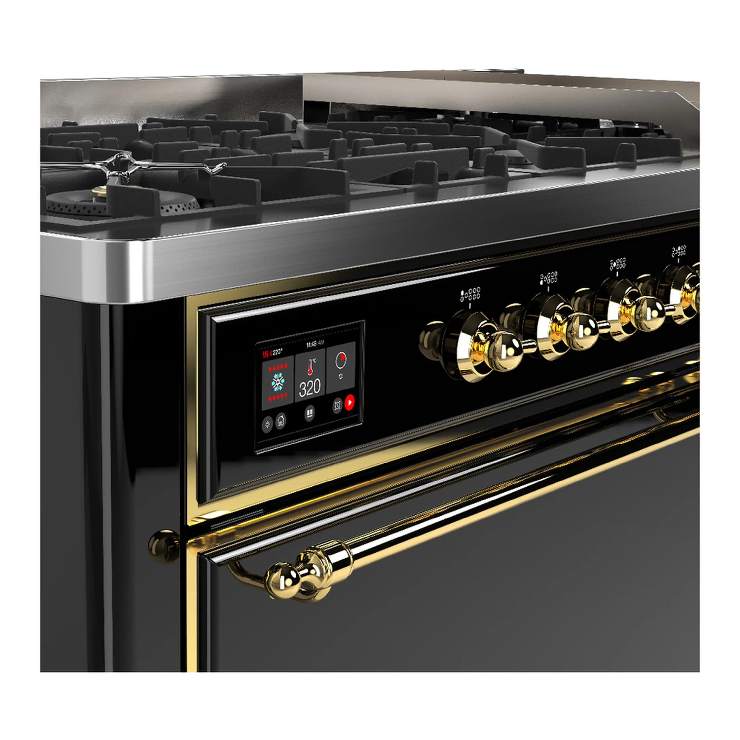 ILVE Majestic III 60-inch Dual Fuel Range with 5 Liquid Propane Burner, Griddle and Solid Door Electric Oven in Glossy Black with Brass Trim (UM60FQNR3BKGLP) - Image 7