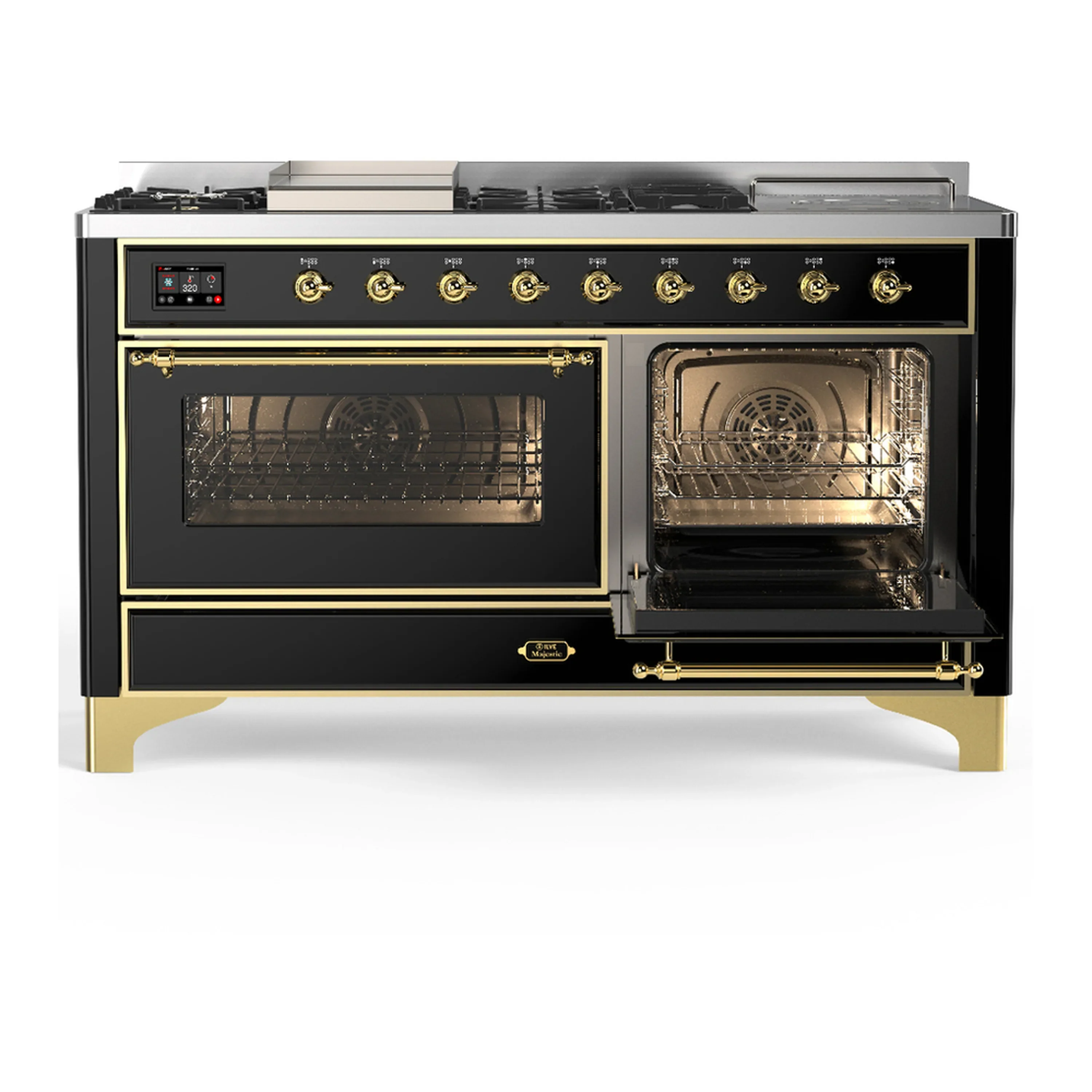 ILVE Majestic III 60-inch Dual Fuel Range with 7 Natural Gas Burner, Griddle, French Top and Triple Glass Door Electric Oven in Glossy Black with Brass Trim (UM60FSNR3BKG) - Image 4