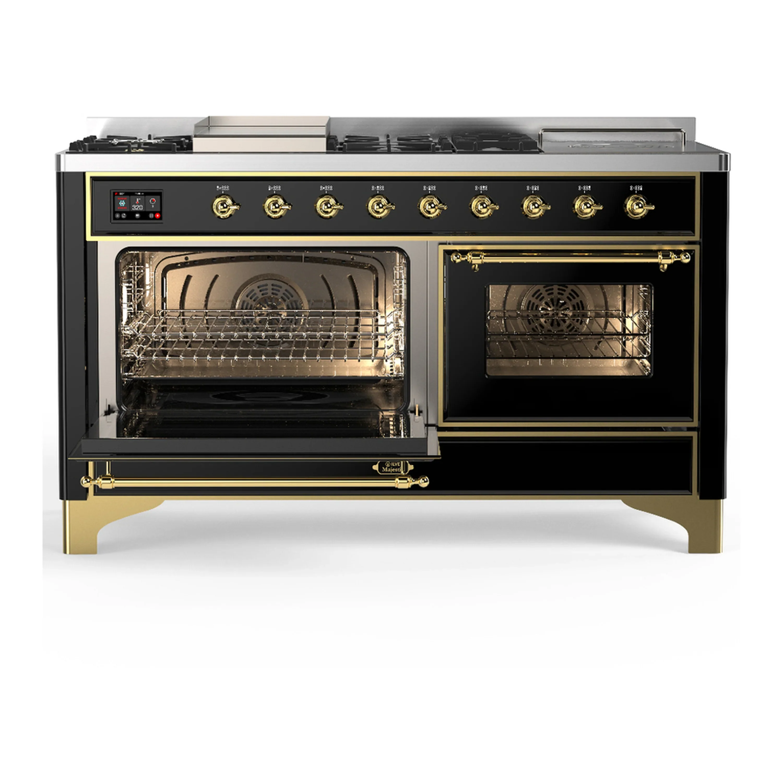 ILVE Majestic III 60-inch Dual Fuel Range with 7 Natural Gas Burner, Griddle, French Top and Triple Glass Door Electric Oven in Glossy Black with Brass Trim (UM60FSNR3BKG) - Image 5