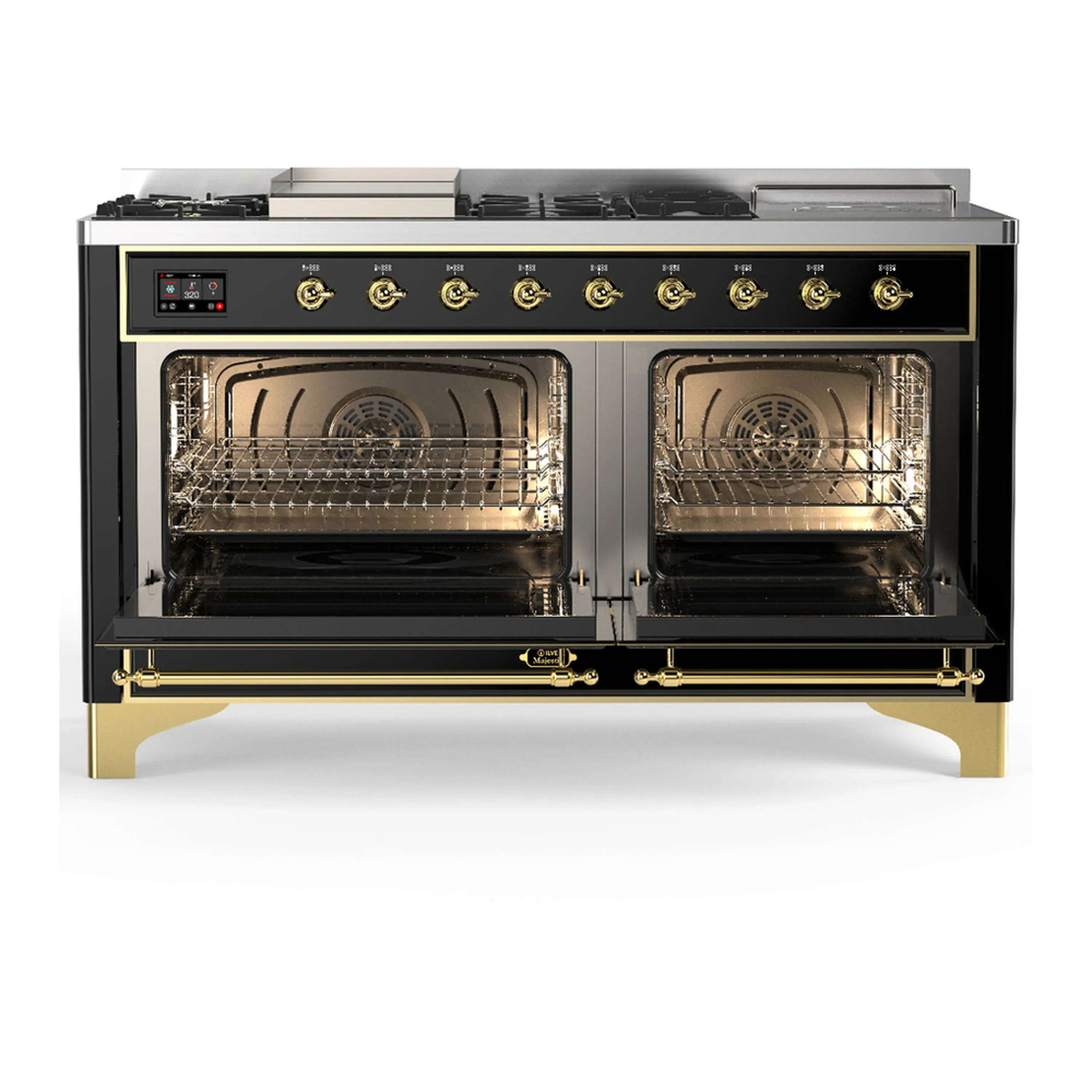 ILVE Majestic III 60-inch Dual Fuel Range with 7 Natural Gas Burner, Griddle, French Top and Triple Glass Door Electric Oven in Glossy Black with Brass Trim (UM60FSNR3BKG) - Image 6