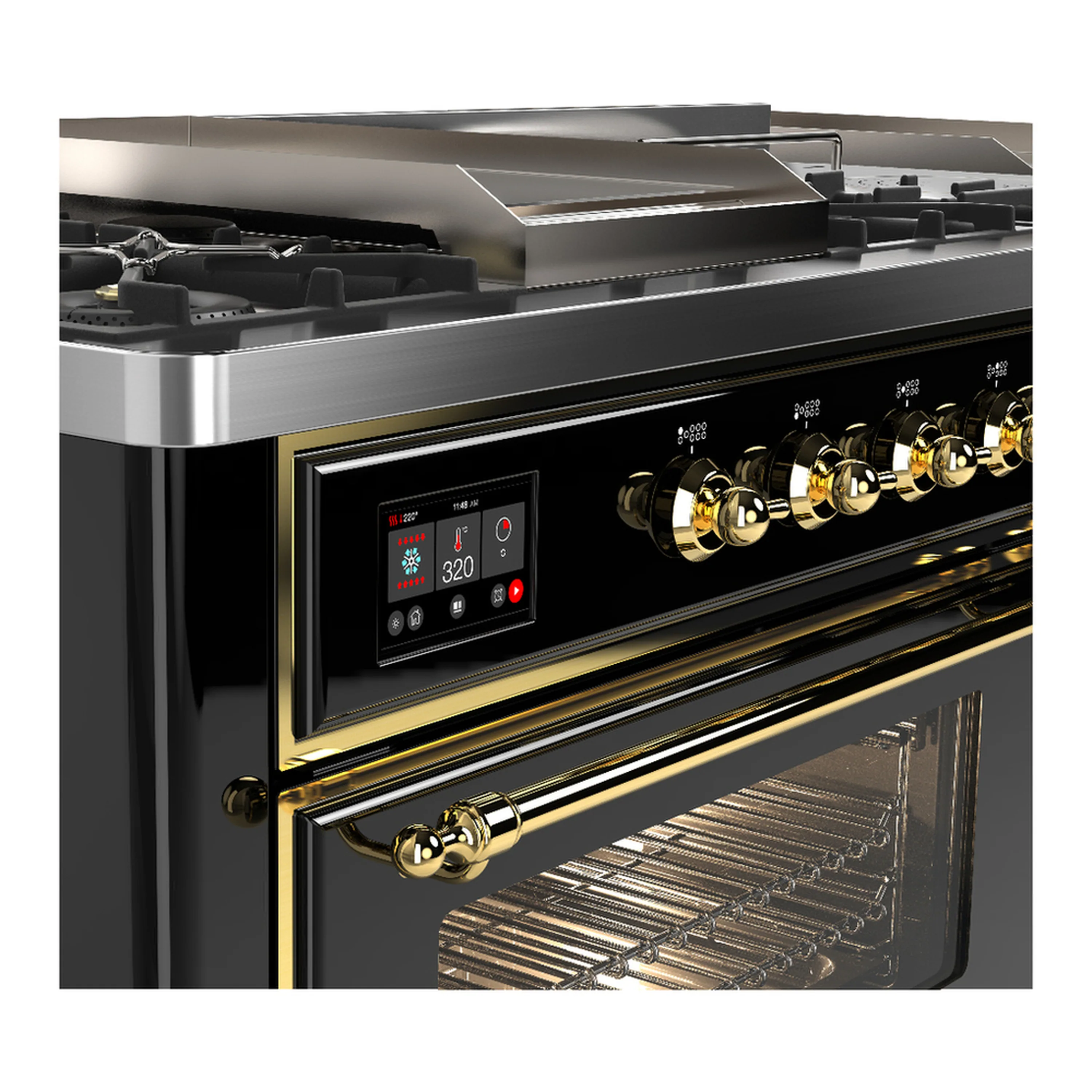 ILVE Majestic III 60-inch Dual Fuel Range with 7 Natural Gas Burner, Griddle, French Top and Triple Glass Door Electric Oven in Glossy Black with Brass Trim (UM60FSNR3BKG) - Image 7