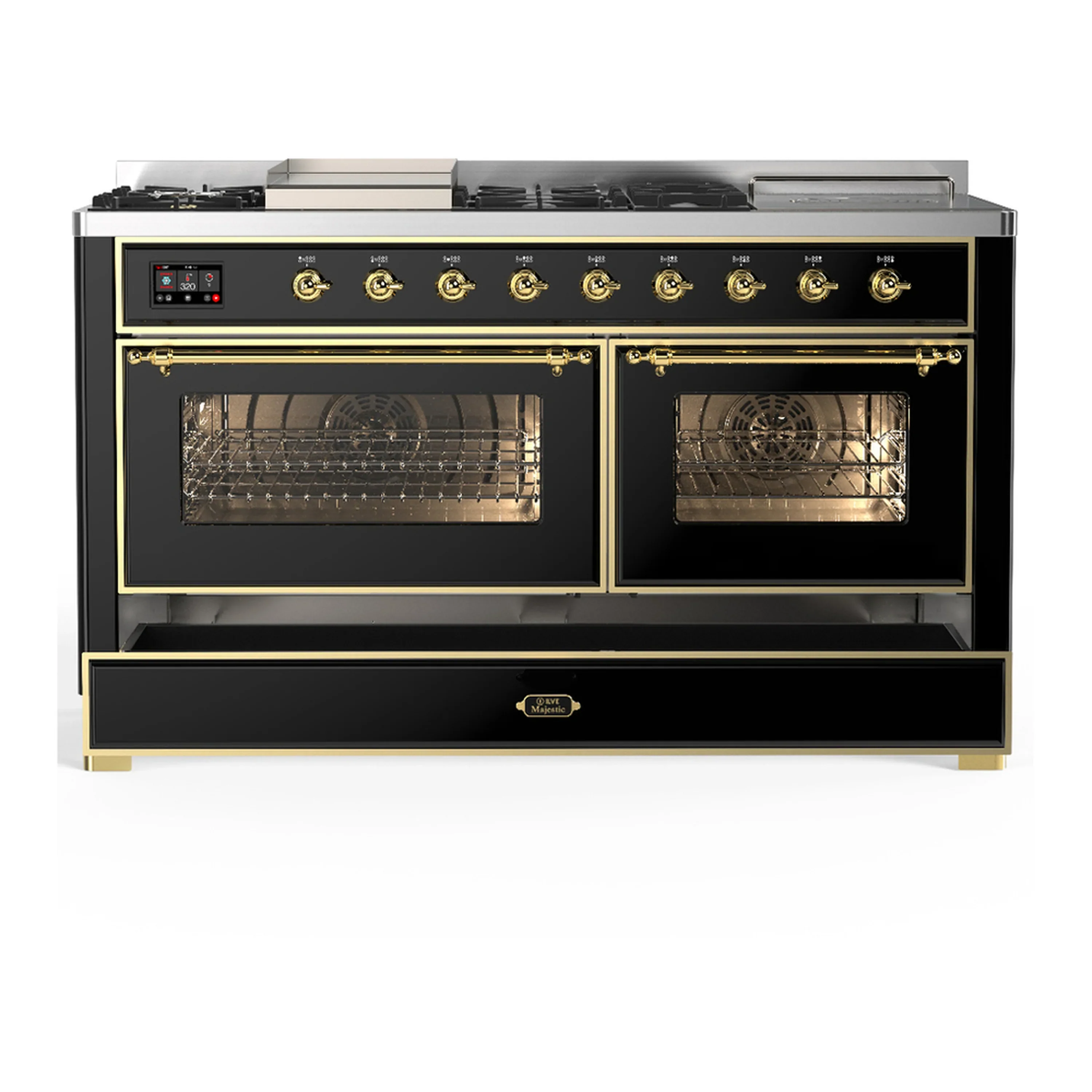 ILVE Majestic III 60-inch Dual Fuel Range with 5 Liquid Propane Burner, Griddle, French Top and Triple Glass Door Electric Oven in Glossy Black with Brass Trim (UM60FSNR3BKGLP) - Image 3