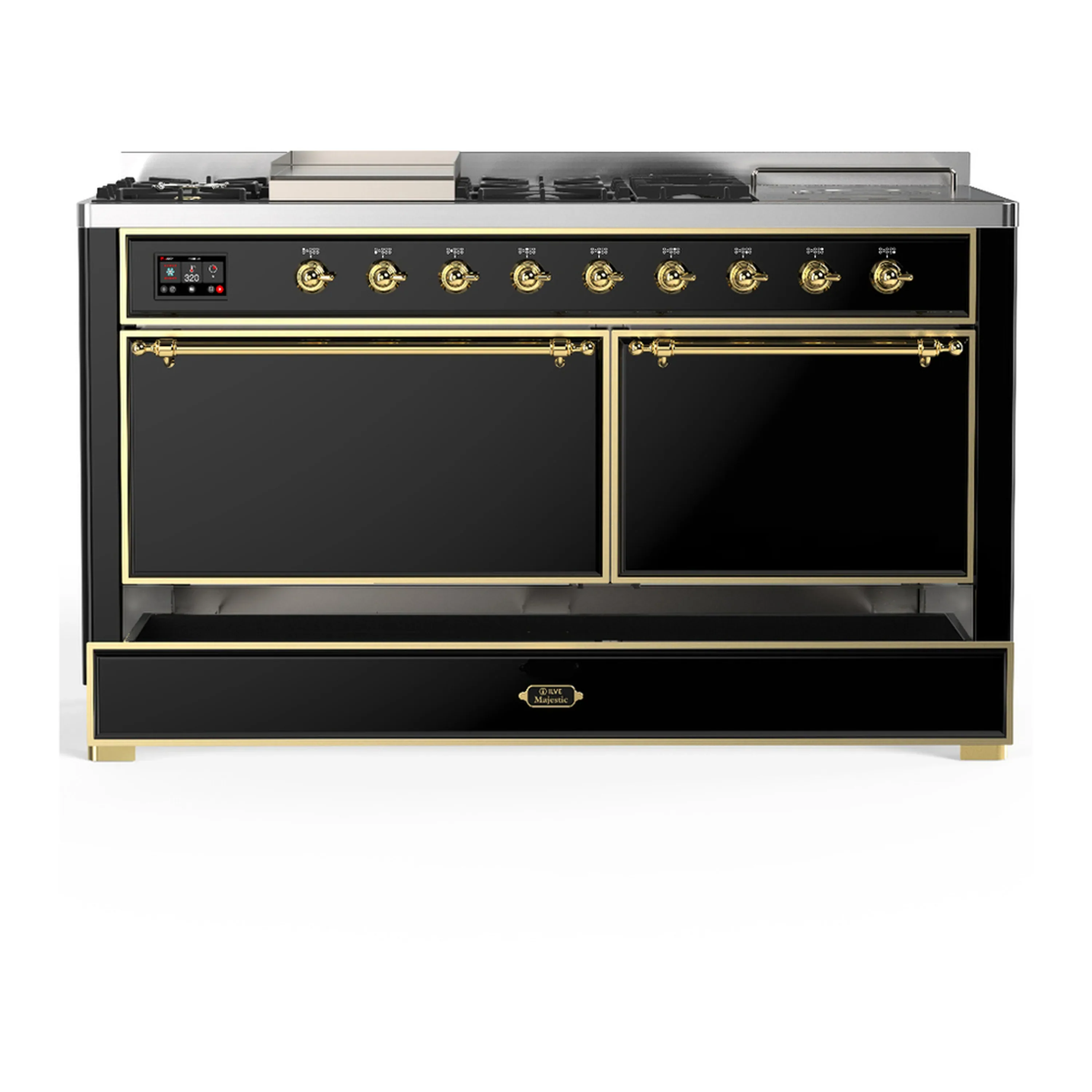 ILVE Majestic III 60-inch Dual Fuel Range with 7 Natural Gas Burner, Griddle, French Top and Solid Door Electric Oven in Glossy Black with Brass Trim (UM60FSQNR3BKG) - Image 3
