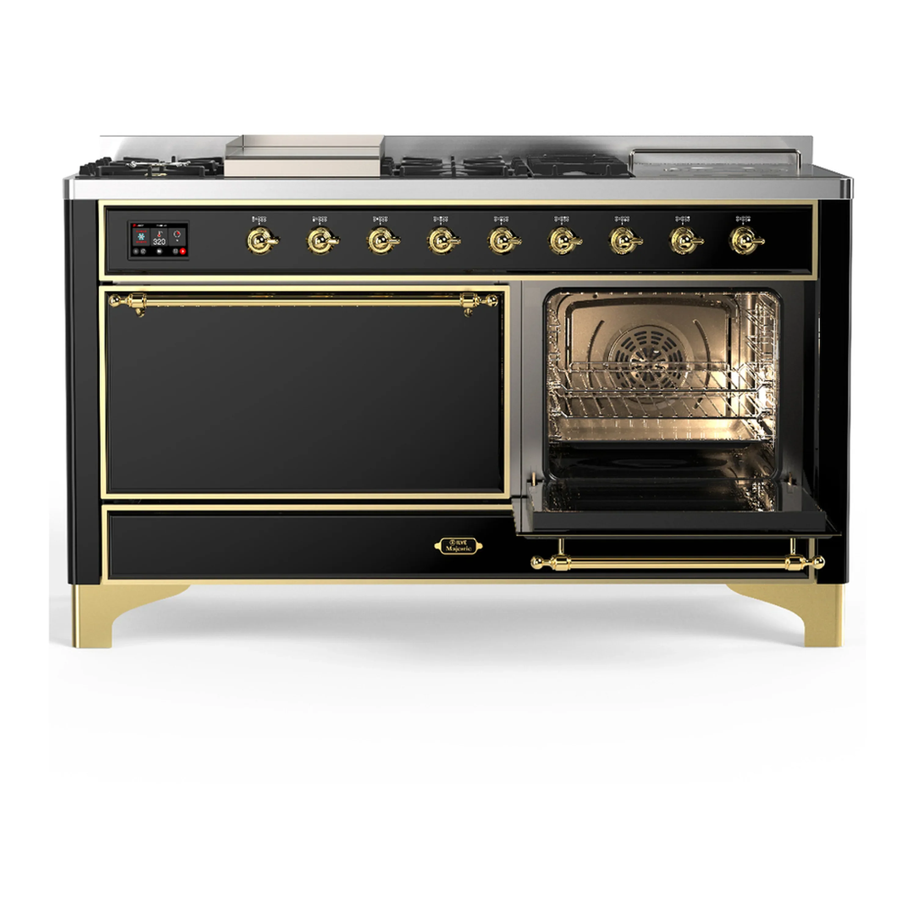 ILVE Majestic III 60-inch Dual Fuel Range with 7 Natural Gas Burner, Griddle, French Top and Solid Door Electric Oven in Glossy Black with Brass Trim (UM60FSQNR3BKG) - Image 4