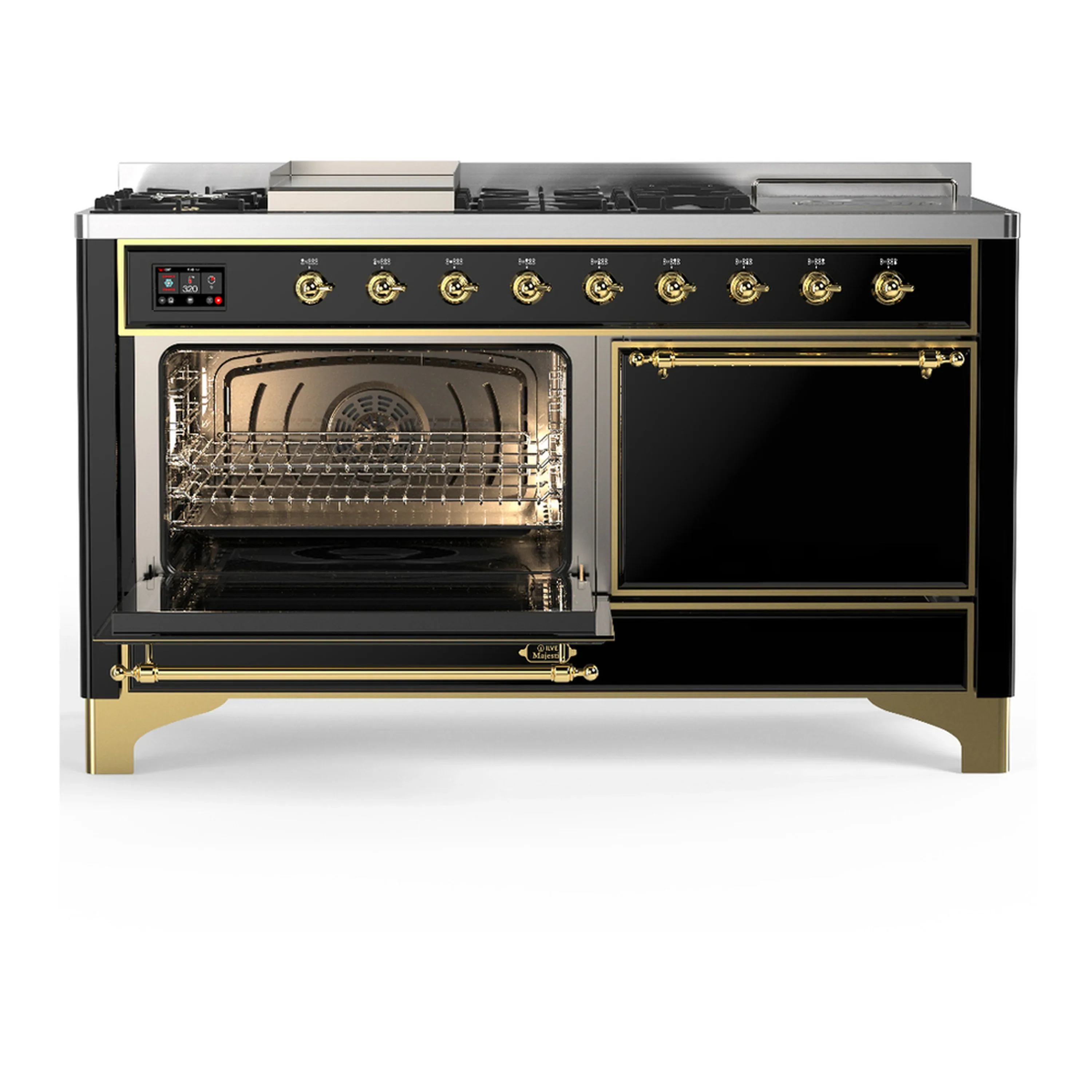ILVE Majestic III 60-inch Dual Fuel Range with 7 Natural Gas Burner, Griddle, French Top and Solid Door Electric Oven in Glossy Black with Brass Trim (UM60FSQNR3BKG) - Image 5