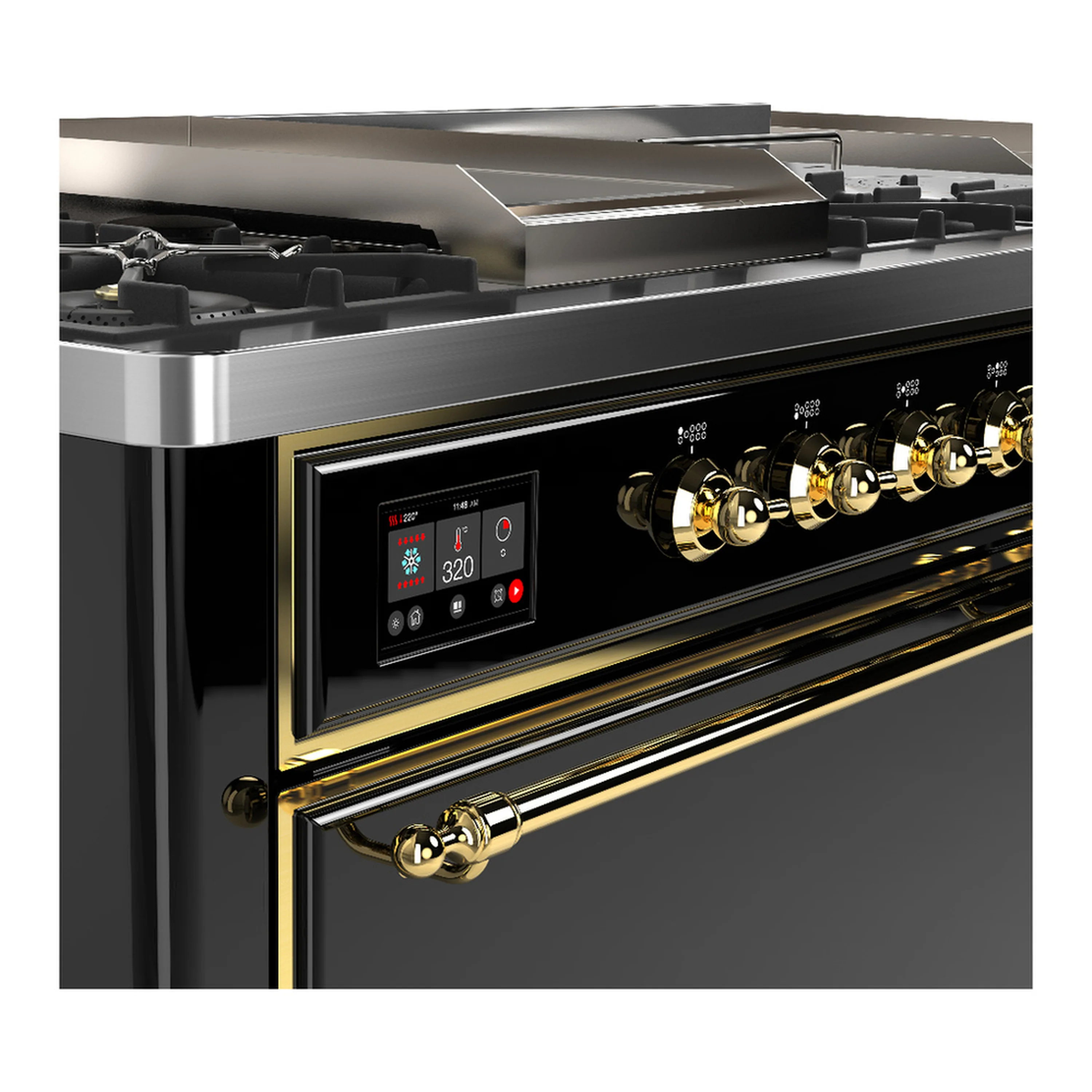 ILVE Majestic III 60-inch Dual Fuel Range with 7 Natural Gas Burner, Griddle, French Top and Solid Door Electric Oven in Glossy Black with Brass Trim (UM60FSQNR3BKG) - Image 7