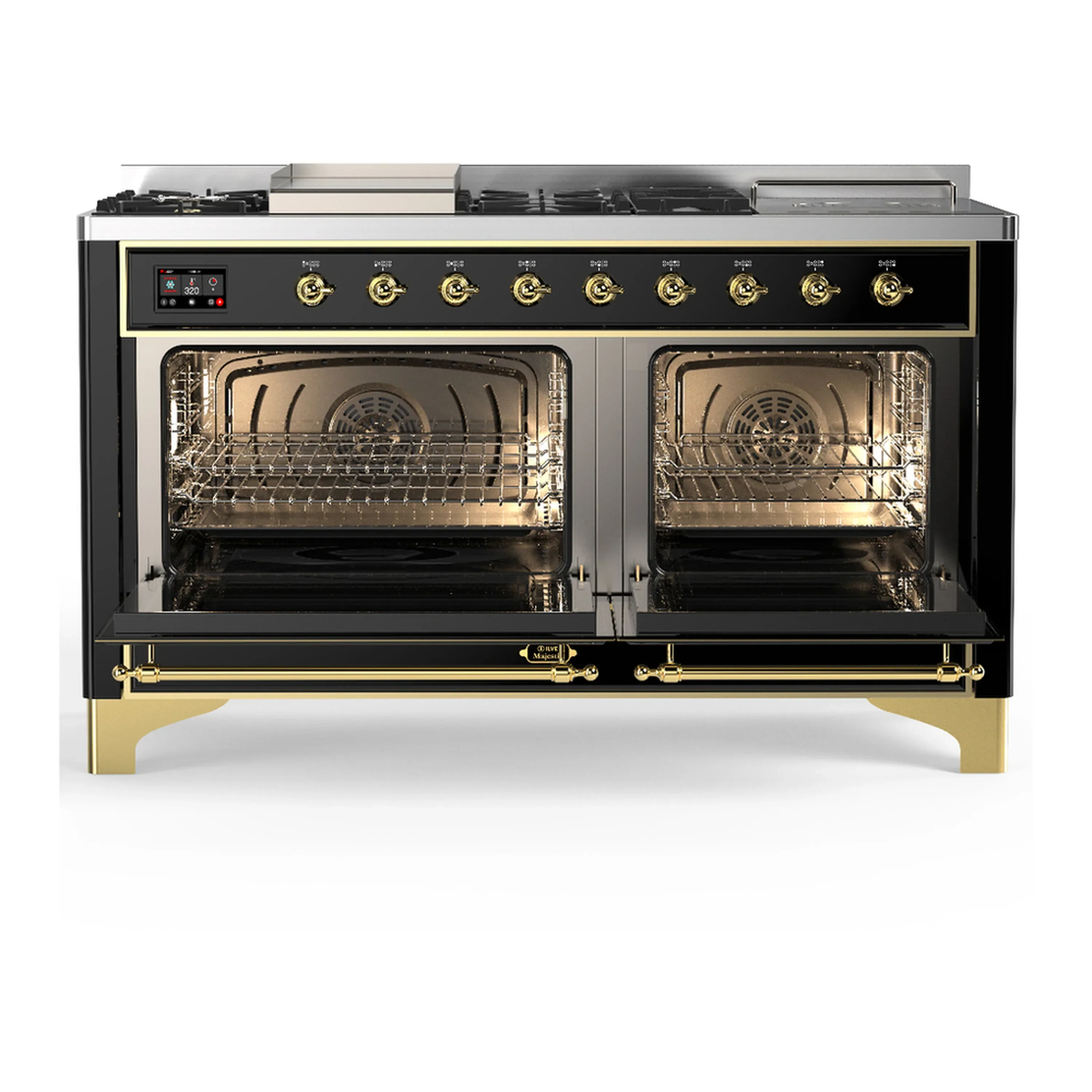 ILVE Majestic III 60-inch Dual Fuel Range with 5 Liquid Propane Burner, Griddle, French Top and Solid Door Electric Oven in Glossy Black with Brass Trim (UM60FSQNR3BKGLP) - Image 6