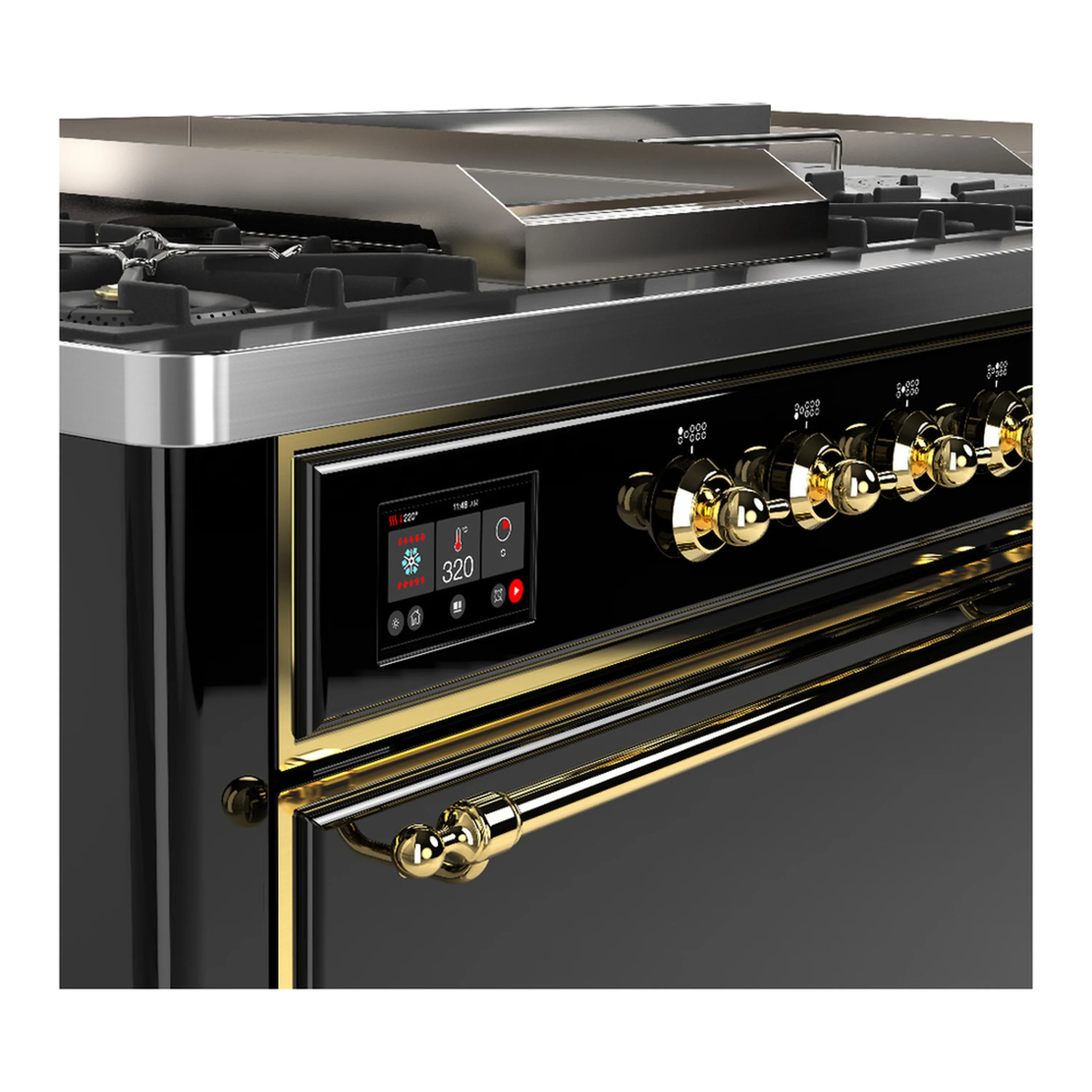 ILVE Majestic III 60-inch Dual Fuel Range with 5 Liquid Propane Burner, Griddle, French Top and Solid Door Electric Oven in Glossy Black with Brass Trim (UM60FSQNR3BKGLP) - Image 7