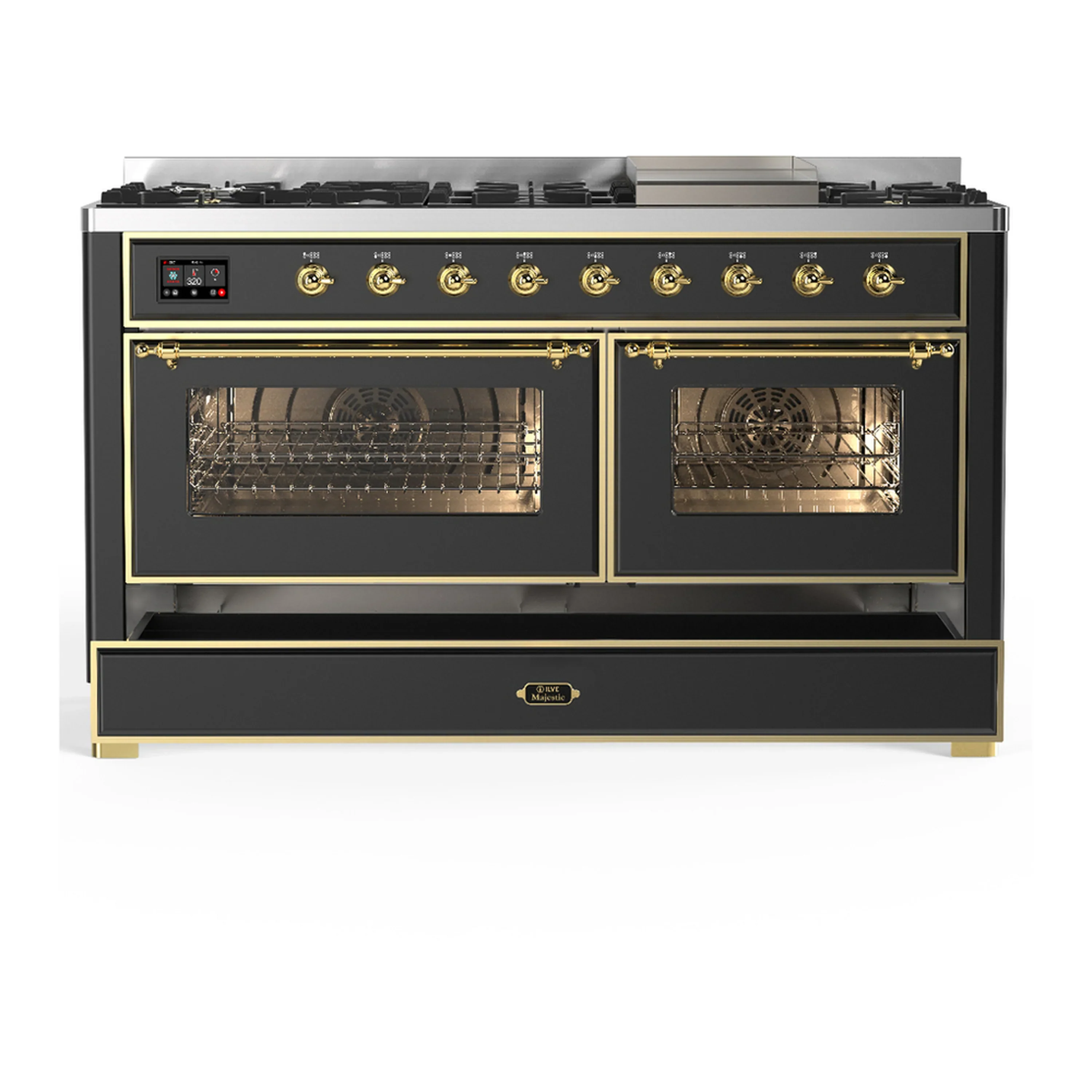 ILVE Majestic III 60-inch Dual Fuel Range with 5 Liquid Propane Burner, Griddle and Triple Glass Door Electric Oven in Graphite Matte with Brass Trim (UM60FNR3MGGLP) - Image 3