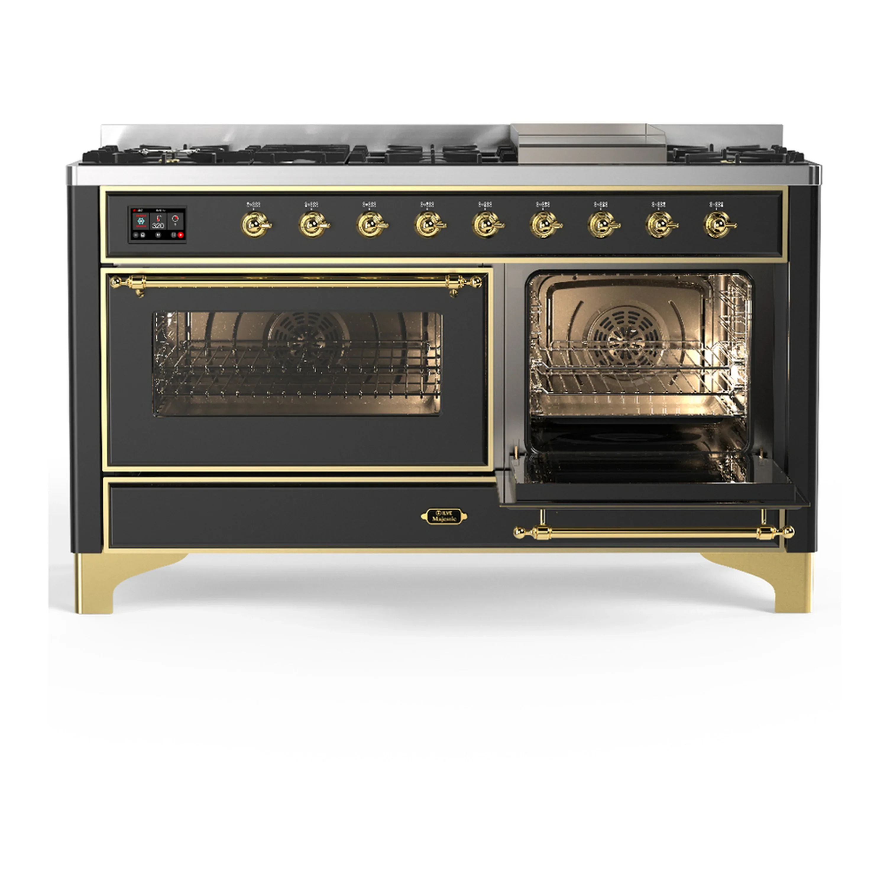 ILVE Majestic III 60-inch Dual Fuel Range with 5 Liquid Propane Burner, Griddle and Triple Glass Door Electric Oven in Graphite Matte with Brass Trim (UM60FNR3MGGLP) - Image 4