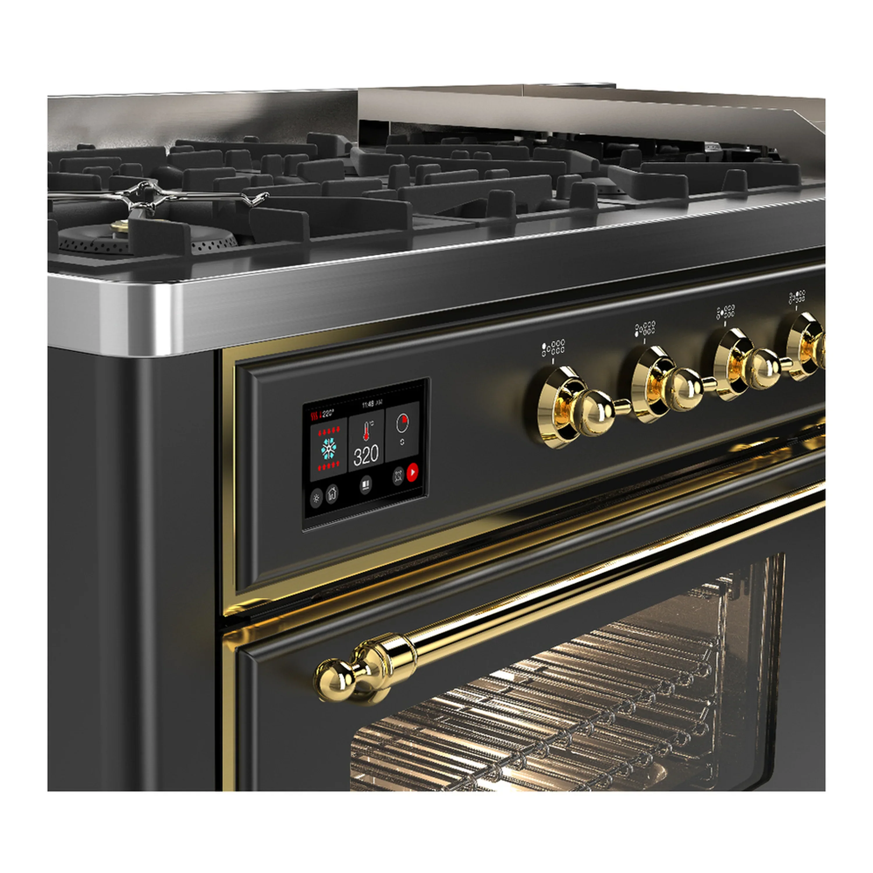 ILVE Majestic III 60-inch Dual Fuel Range with 5 Liquid Propane Burner, Griddle and Triple Glass Door Electric Oven in Graphite Matte with Brass Trim (UM60FNR3MGGLP) - Image 7