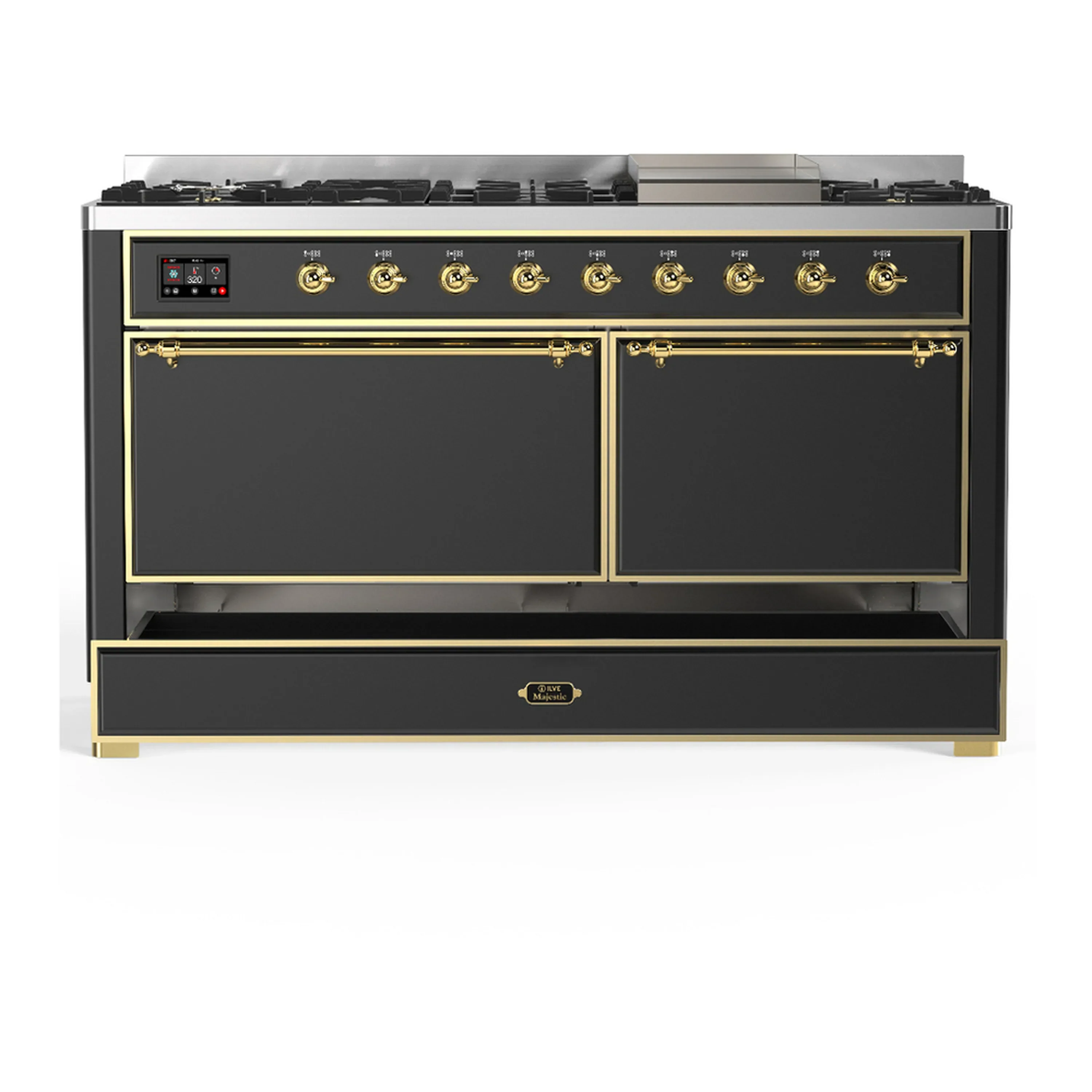 ILVE Majestic III 60-inch Dual Fuel Range with 5 Liquid Propane Burner, Griddle and Solid Door Electric Oven in Graphite Matte with Brass Trim (UM60FQNR3MGGLP) - Image 3