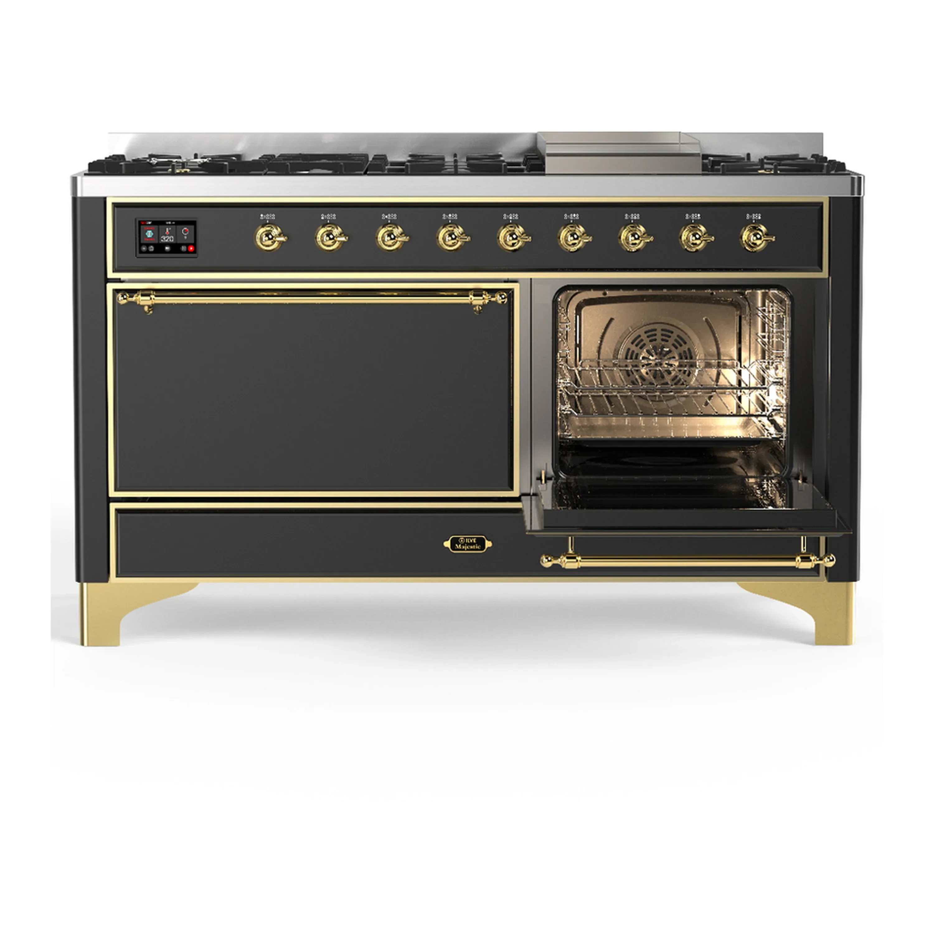ILVE Majestic III 60-inch Dual Fuel Range with 5 Liquid Propane Burner, Griddle and Solid Door Electric Oven in Graphite Matte with Brass Trim (UM60FQNR3MGGLP) - Image 4