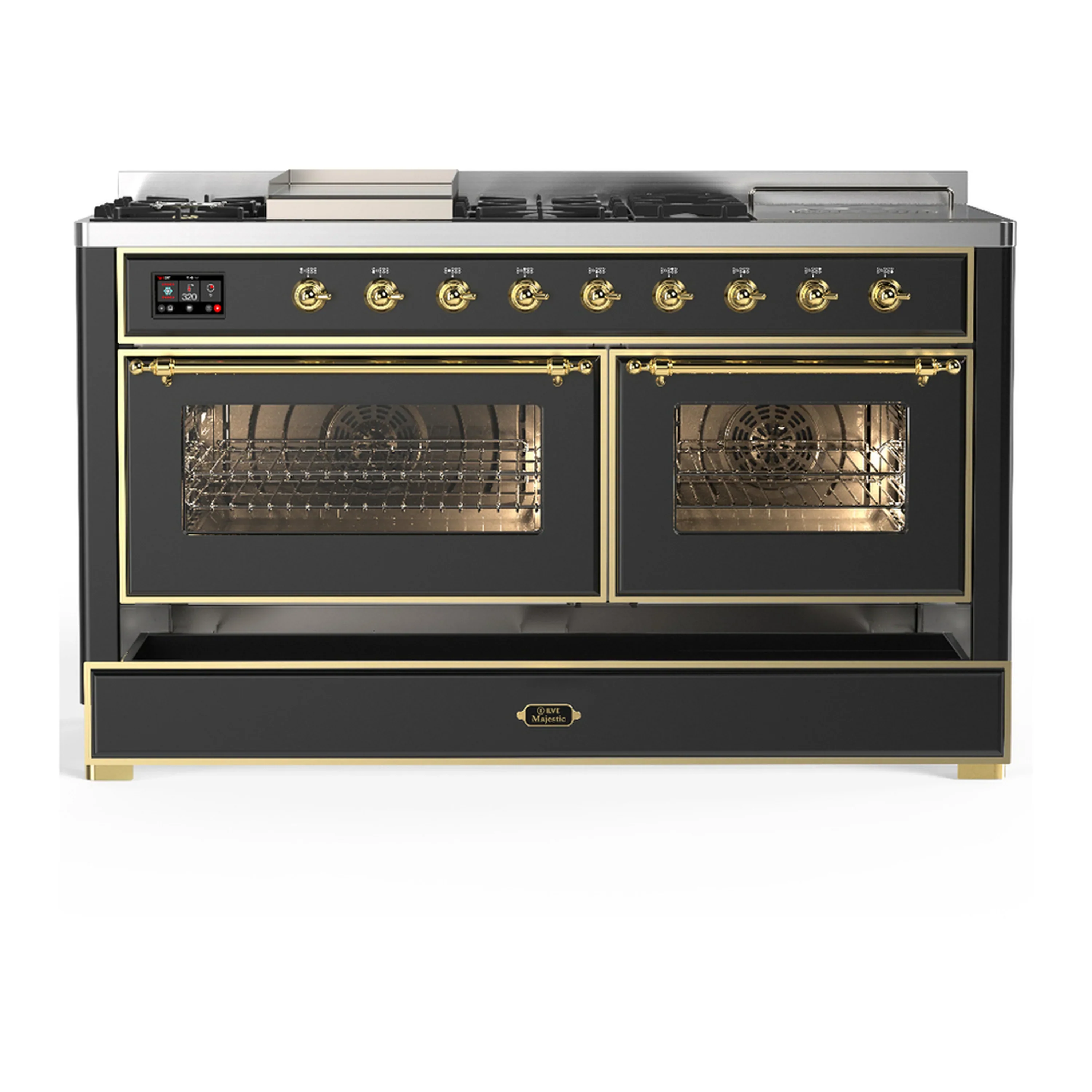 ILVE Majestic III 60-inch Dual Fuel Range with 7 Natural Gas Burner, Griddle, French Top and Triple Glass Door Electric Oven in Graphite Matte with Brass Trim (UM60FSNR3MGG) - Image 3