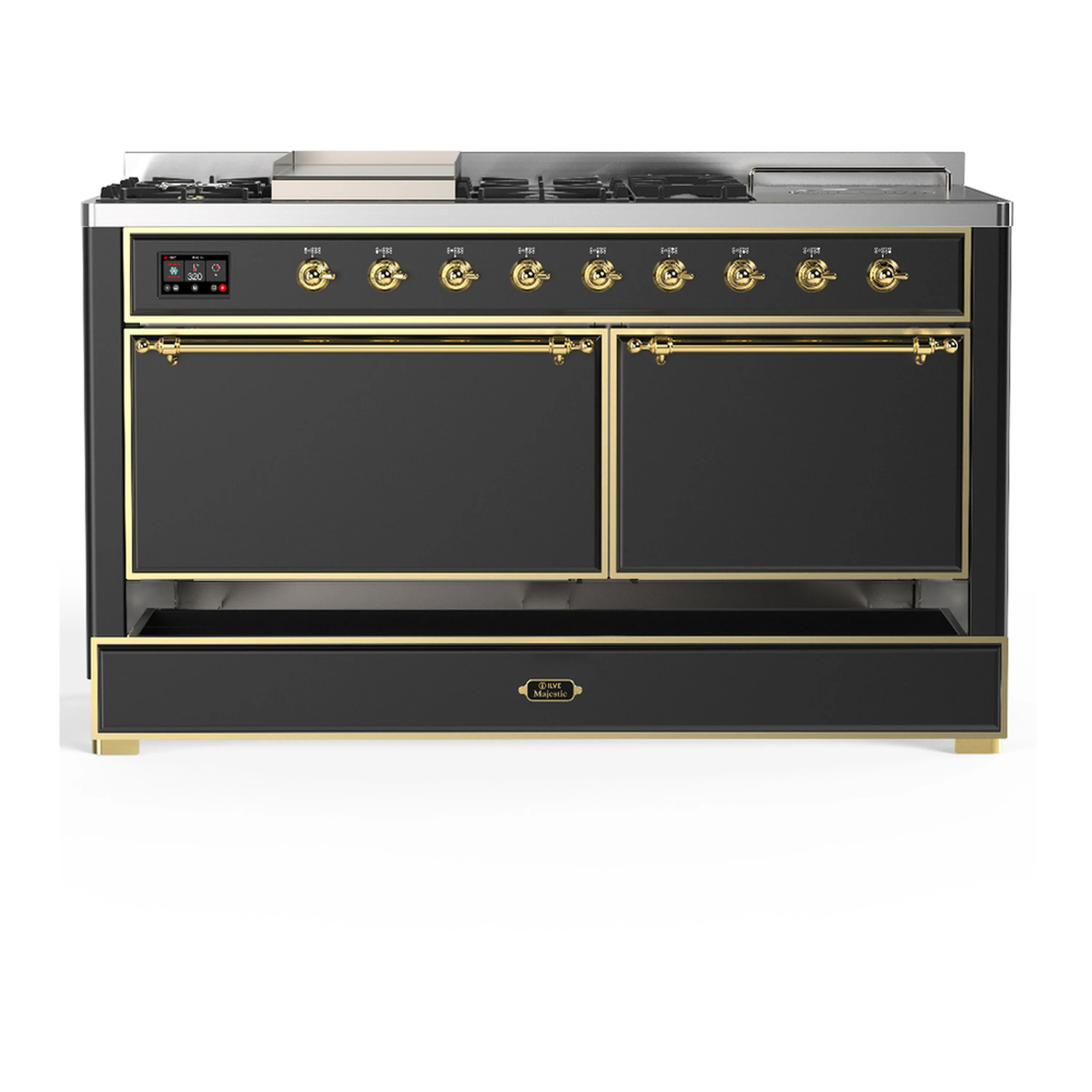 ILVE Majestic III 60-inch Dual Fuel Range with 7 Natural Gas Burner, Griddle, French Top and Solid Door Electric Oven in Graphite Matte with Brass Trim (UM60FSQNR3MGG) - Image 3