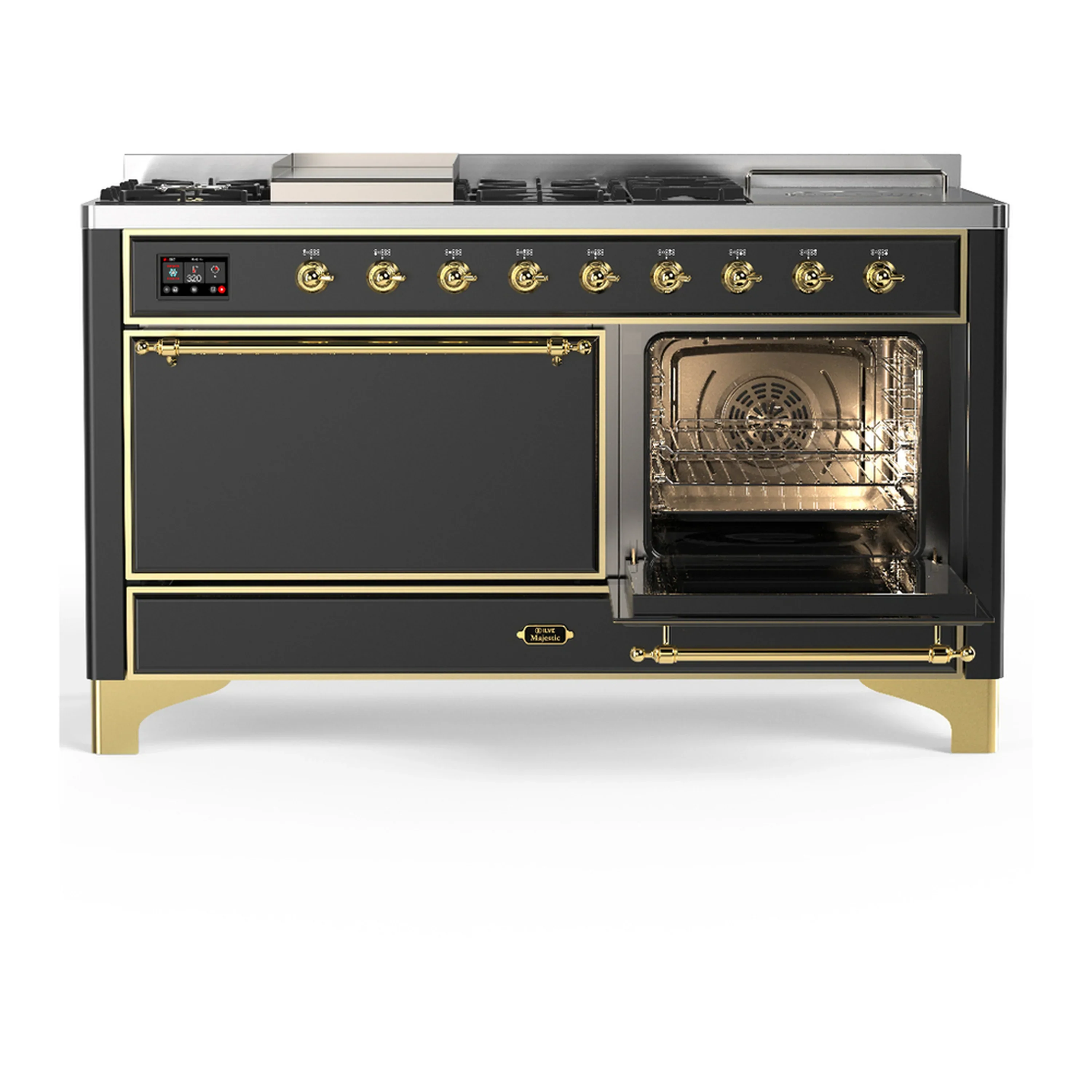 ILVE Majestic III 60-inch Dual Fuel Range with 5 Liquid Propane Burner, Griddle, French Top and Solid Door Electric Oven in Graphite Matte with Brass Trim (UM60FSQNR3MGGLP) - Image 4