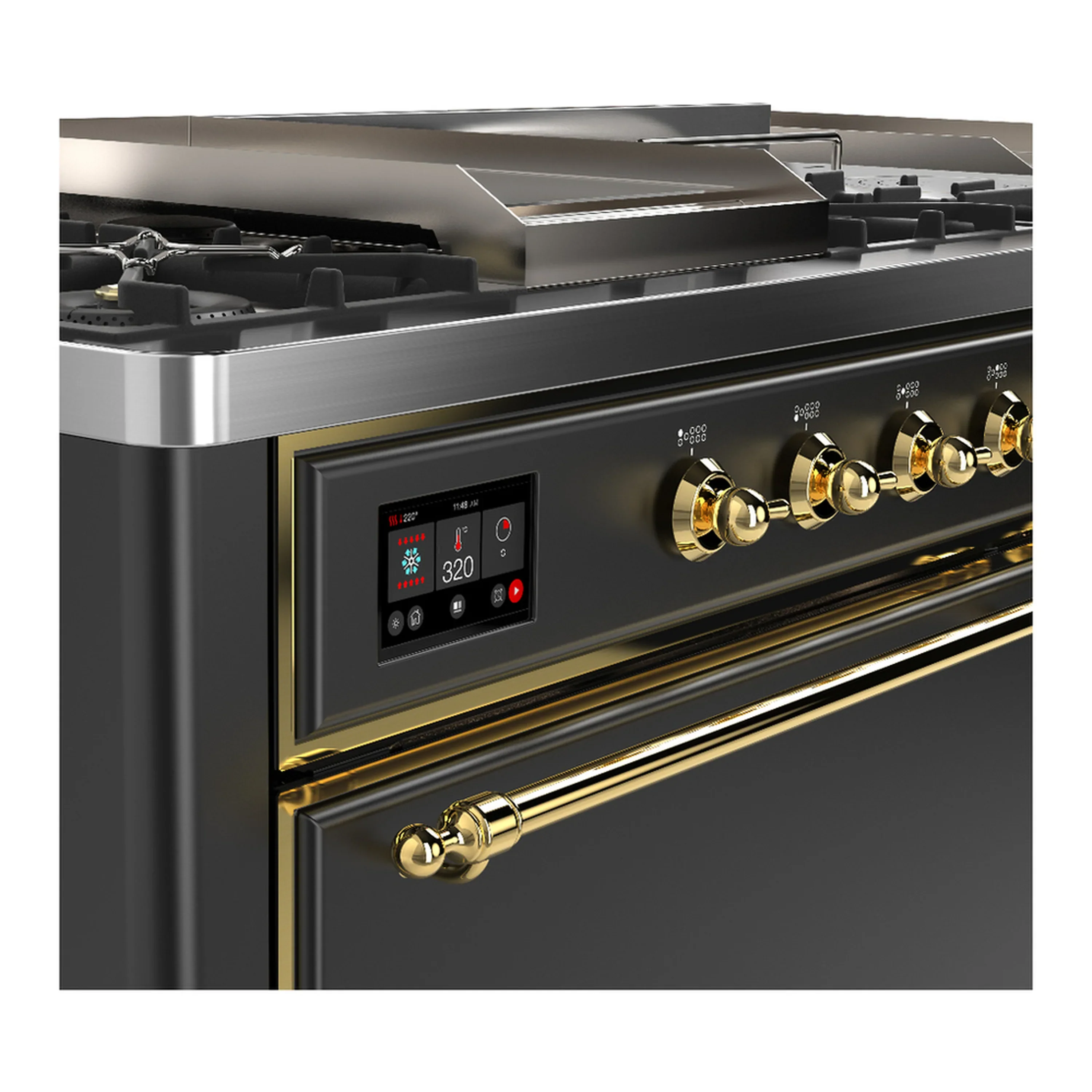 ILVE Majestic III 60-inch Dual Fuel Range with 5 Liquid Propane Burner, Griddle, French Top and Solid Door Electric Oven in Graphite Matte with Brass Trim (UM60FSQNR3MGGLP) - Image 7