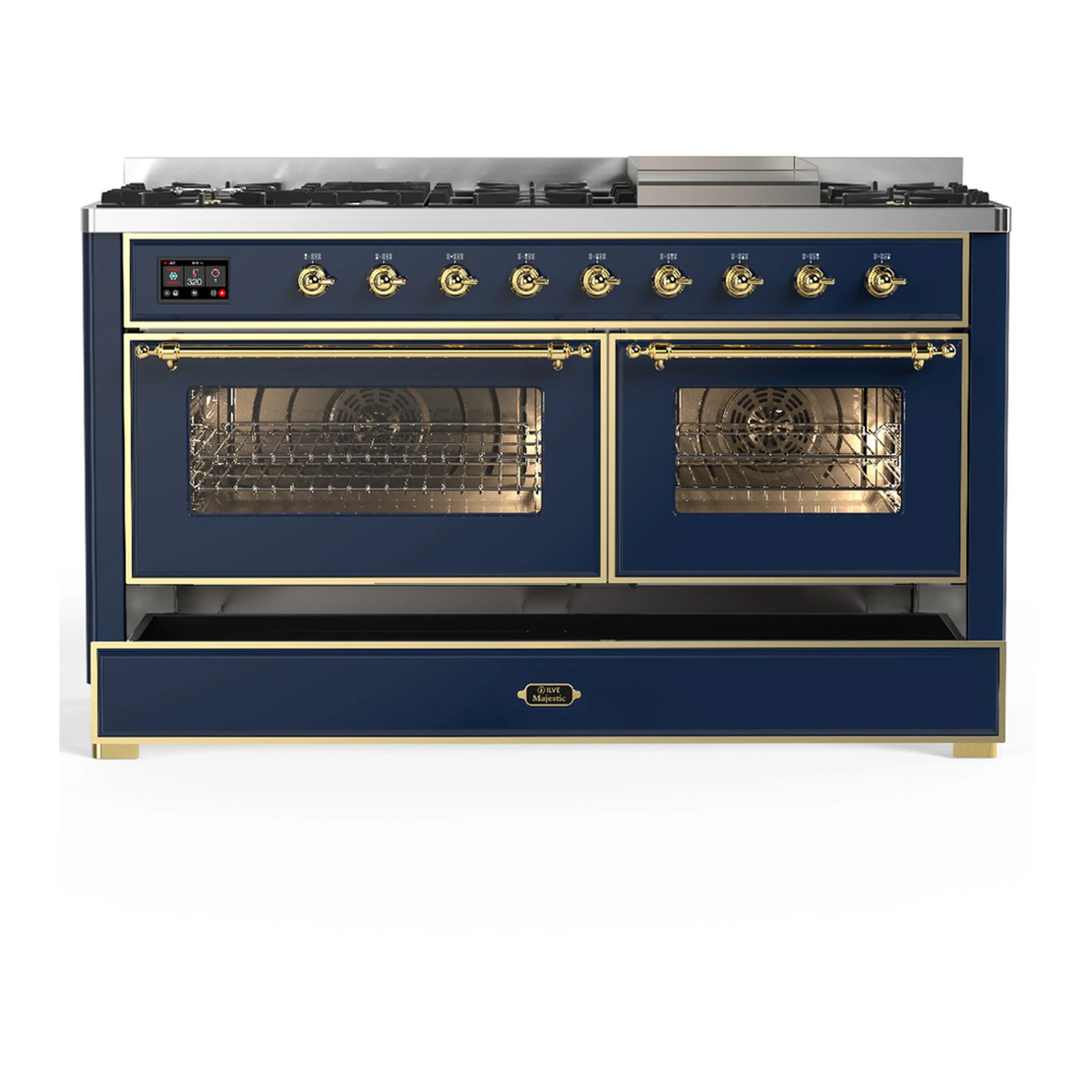 ILVE Majestic III 60-inch Dual Fuel Range with 7 Natural Gas Burner, Griddle and Triple Glass Door Electric Oven in Blue Grey with Brass Trim (UM60FNR3MBG) - Image 3