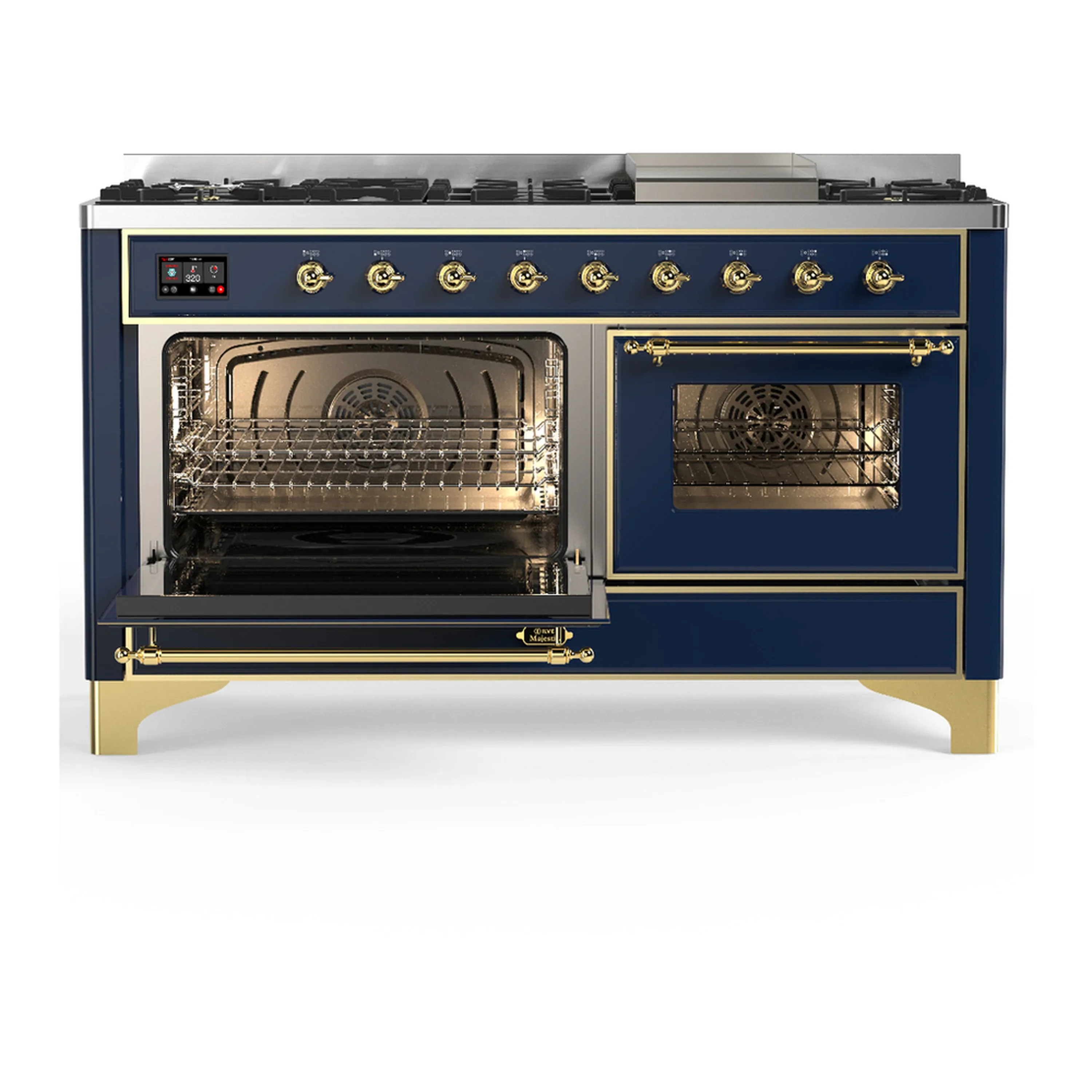 ILVE Majestic III 60-inch Dual Fuel Range with 7 Natural Gas Burner, Griddle and Triple Glass Door Electric Oven in Blue Grey with Brass Trim (UM60FNR3MBG) - Image 5