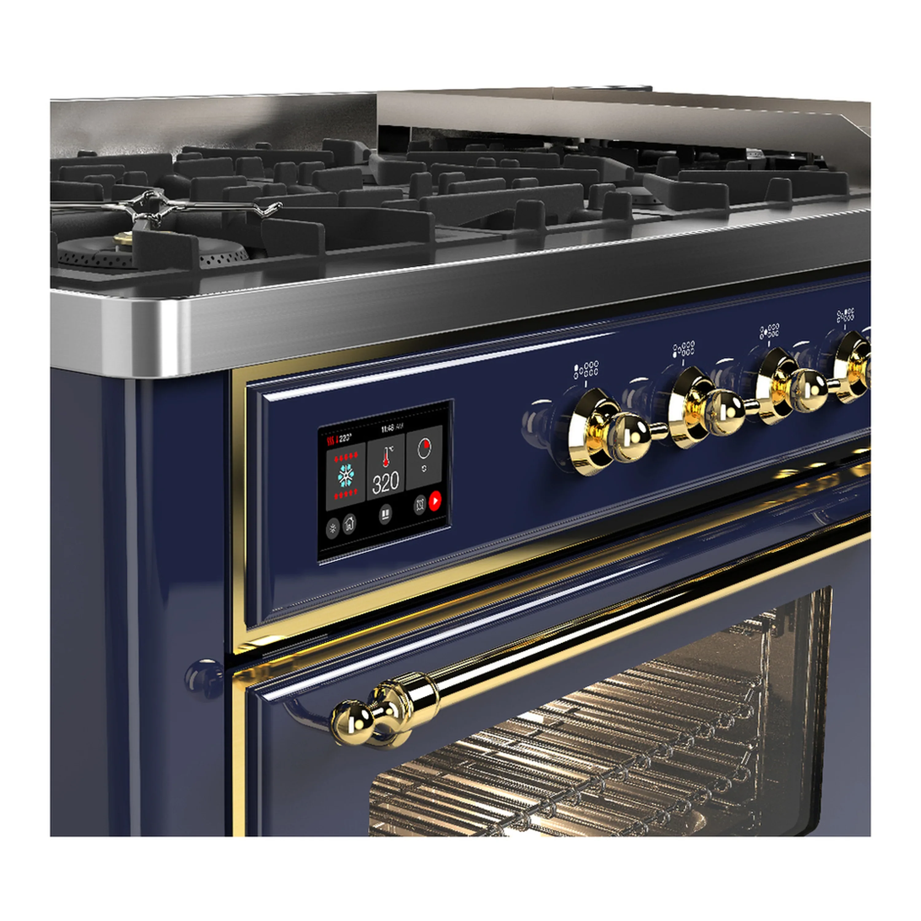 ILVE Majestic III 60-inch Dual Fuel Range with 7 Natural Gas Burner, Griddle and Triple Glass Door Electric Oven in Blue Grey with Brass Trim (UM60FNR3MBG) - Image 7