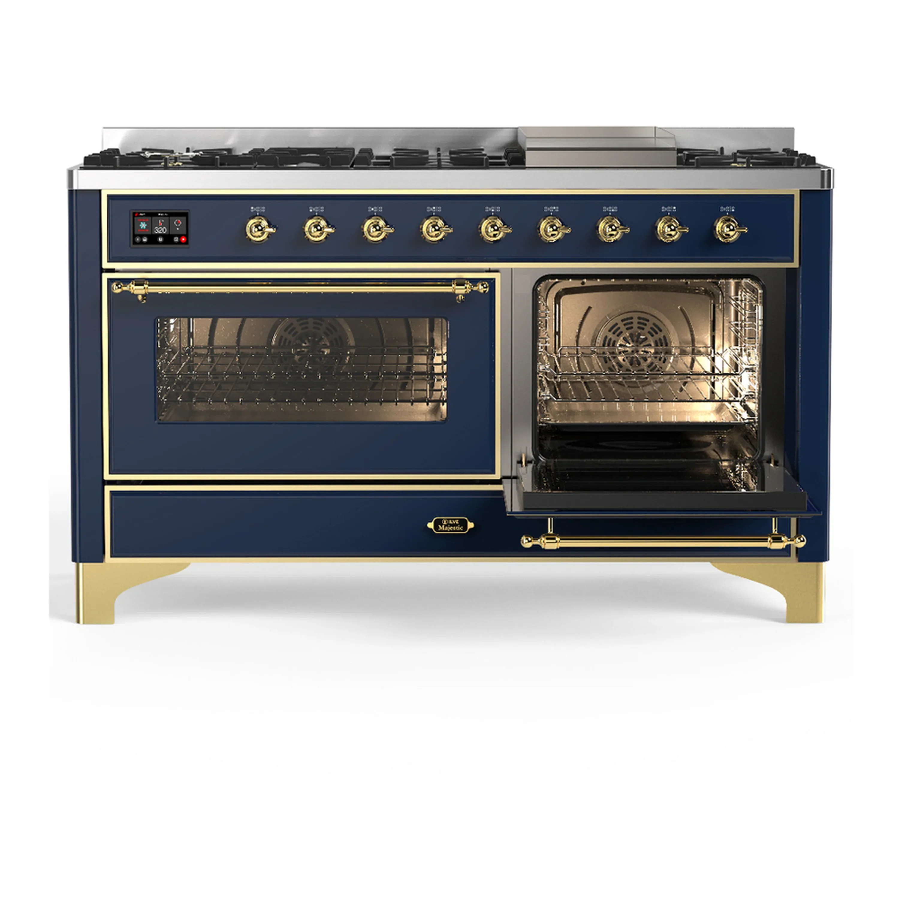 ILVE Majestic III 60-inch Dual Fuel Range with 5 Liquid Propane Burner, Griddle and Triple Glass Door Electric Oven in Blue Grey with Brass Trim (UM60FNR3MBGLP) - Image 4