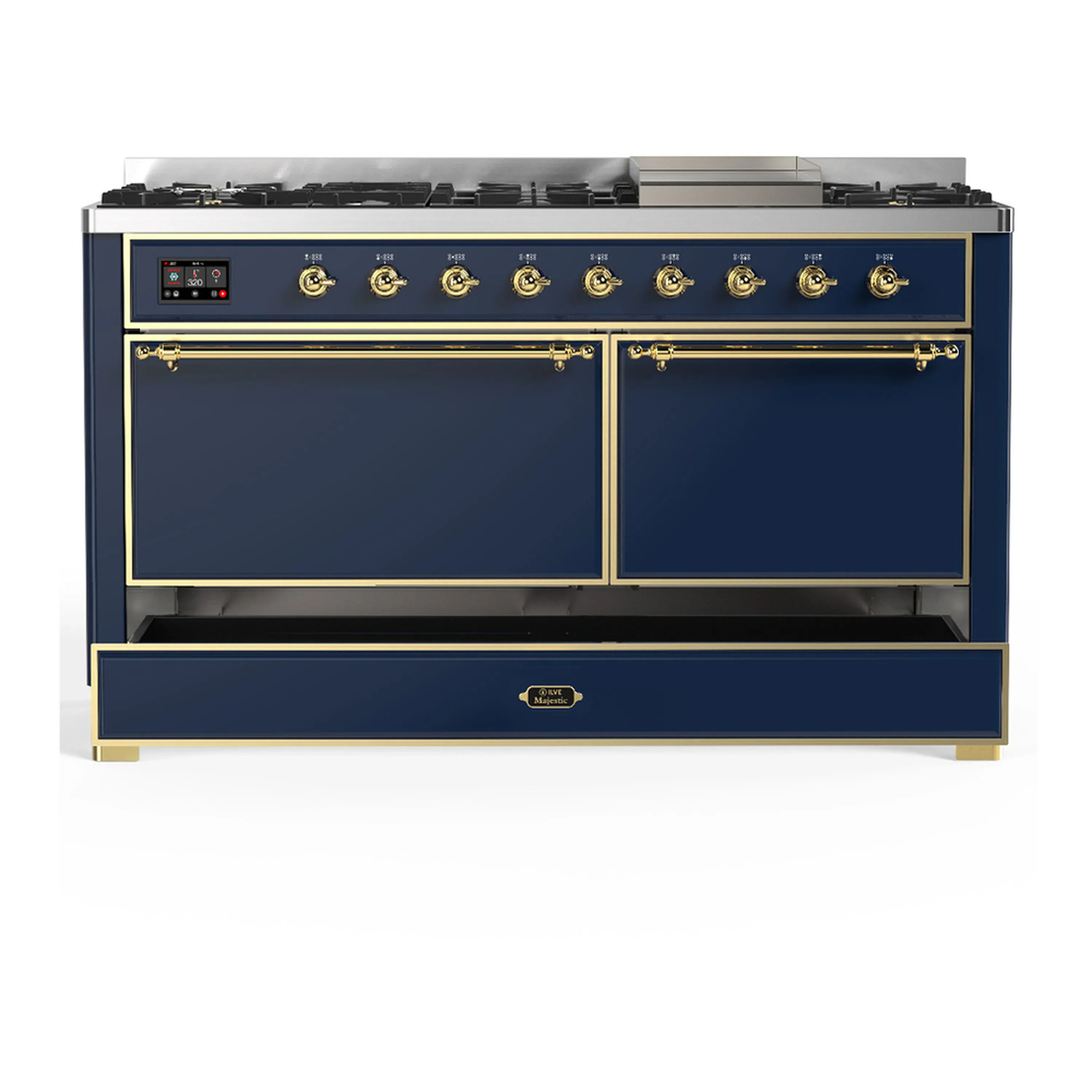 ILVE Majestic III 60-inch Dual Fuel Range with 7 Natural Gas Burner, Griddle and Solid Door Electric Oven in Blue Grey with Brass Trim (UM60FQNR3MBG) - Image 3