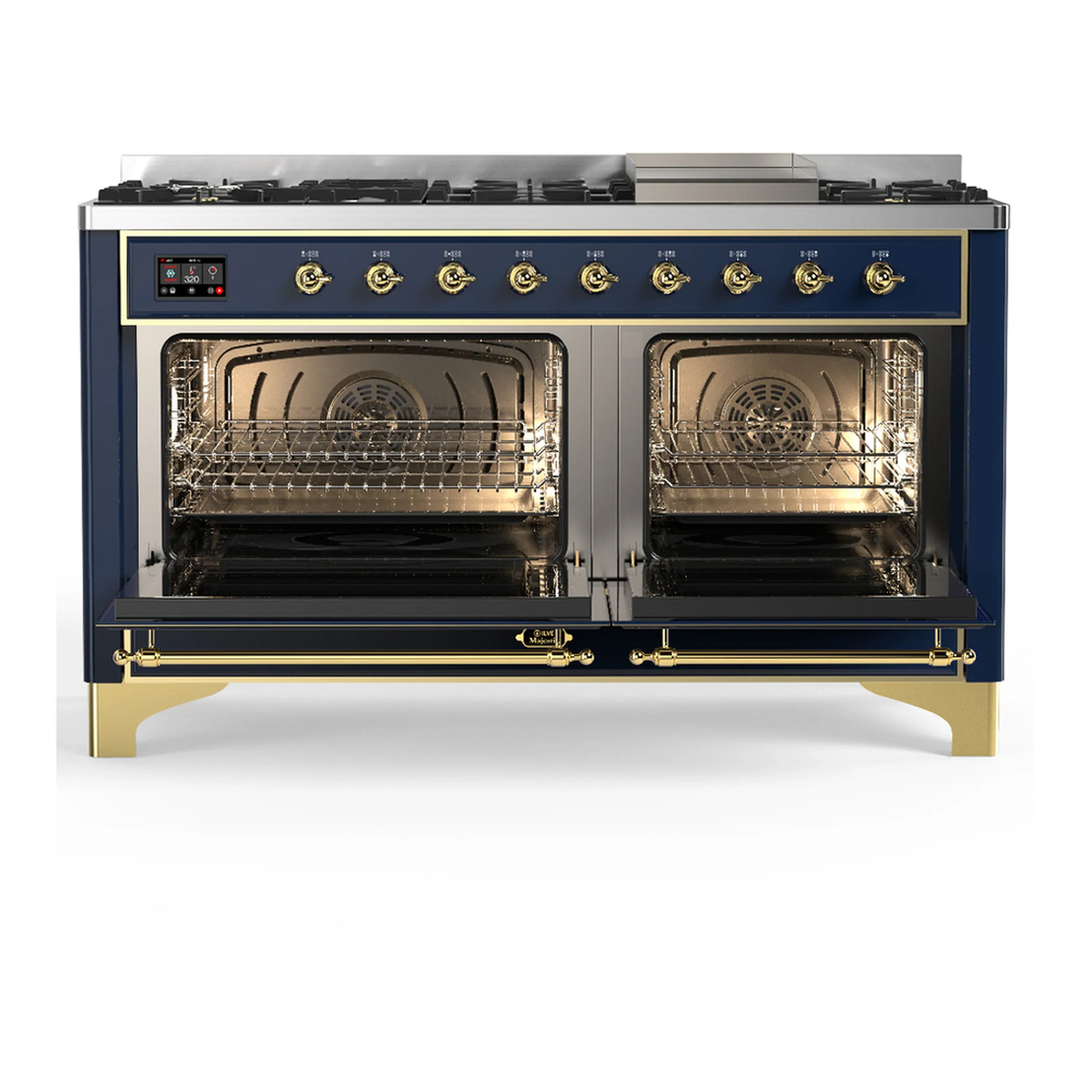 ILVE Majestic III 60-inch Dual Fuel Range with 7 Natural Gas Burner, Griddle and Solid Door Electric Oven in Blue Grey with Brass Trim (UM60FQNR3MBG) - Image 6