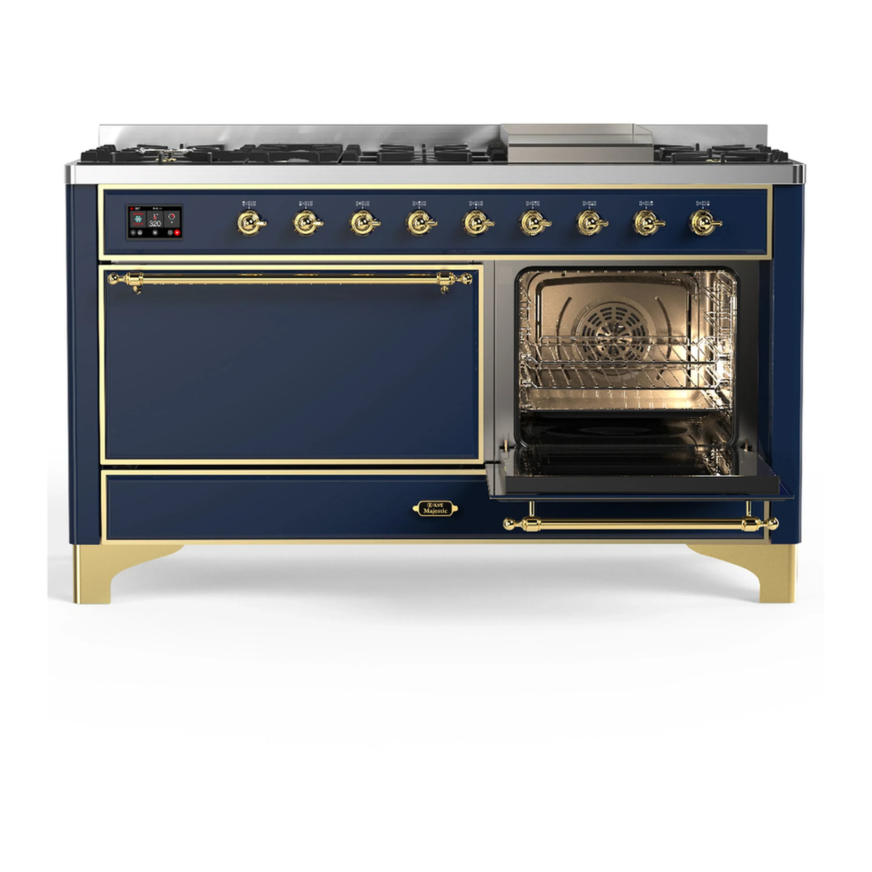 ILVE Majestic III 60-inch Dual Fuel Range with 5 Liquid Propane Burner, Griddle and Solid Door Electric Oven in Blue Grey with Brass Trim (UM60FQNR3MBGLP) - Image 4