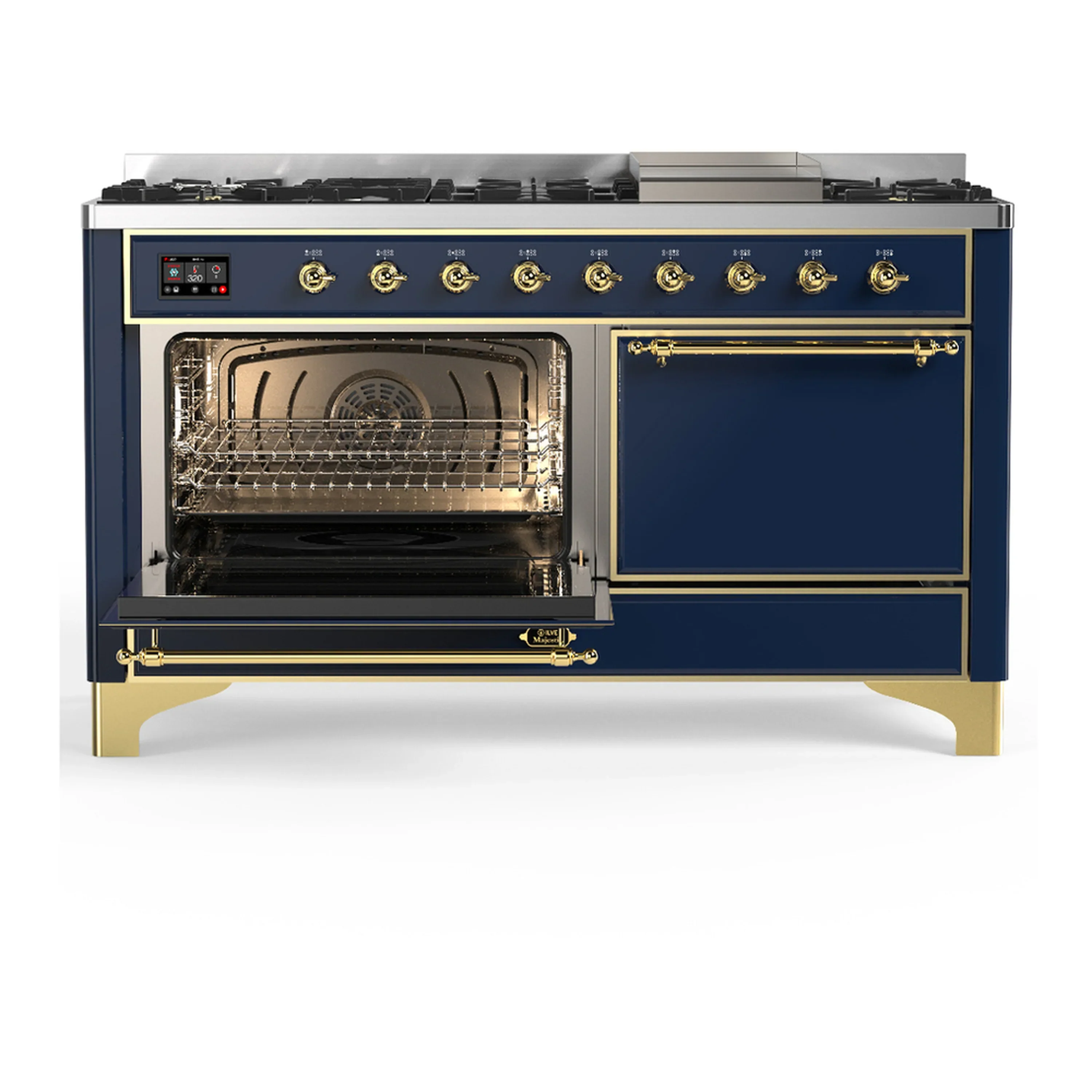ILVE Majestic III 60-inch Dual Fuel Range with 5 Liquid Propane Burner, Griddle and Solid Door Electric Oven in Blue Grey with Brass Trim (UM60FQNR3MBGLP) - Image 5