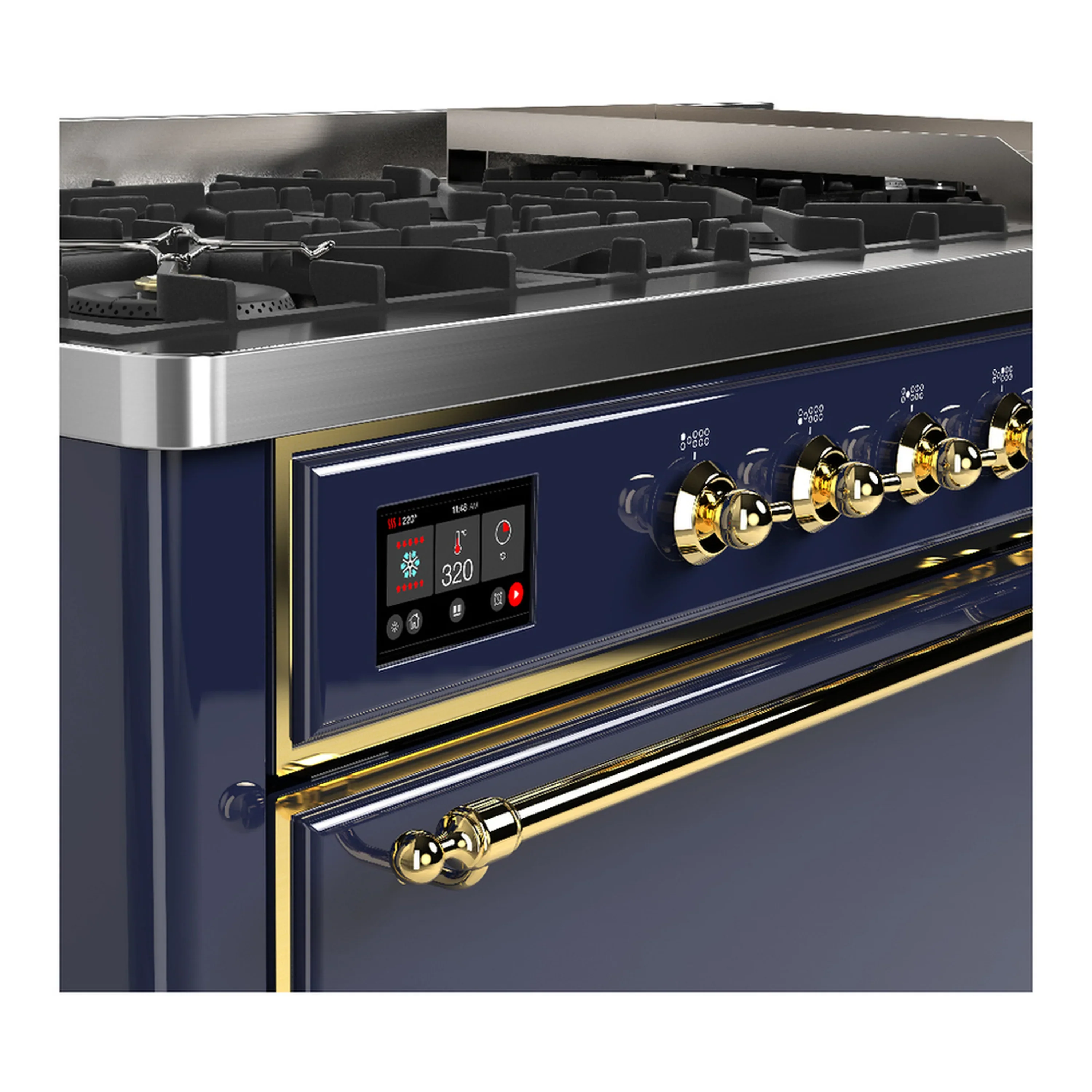 ILVE Majestic III 60-inch Dual Fuel Range with 5 Liquid Propane Burner, Griddle and Solid Door Electric Oven in Blue Grey with Brass Trim (UM60FQNR3MBGLP) - Image 7