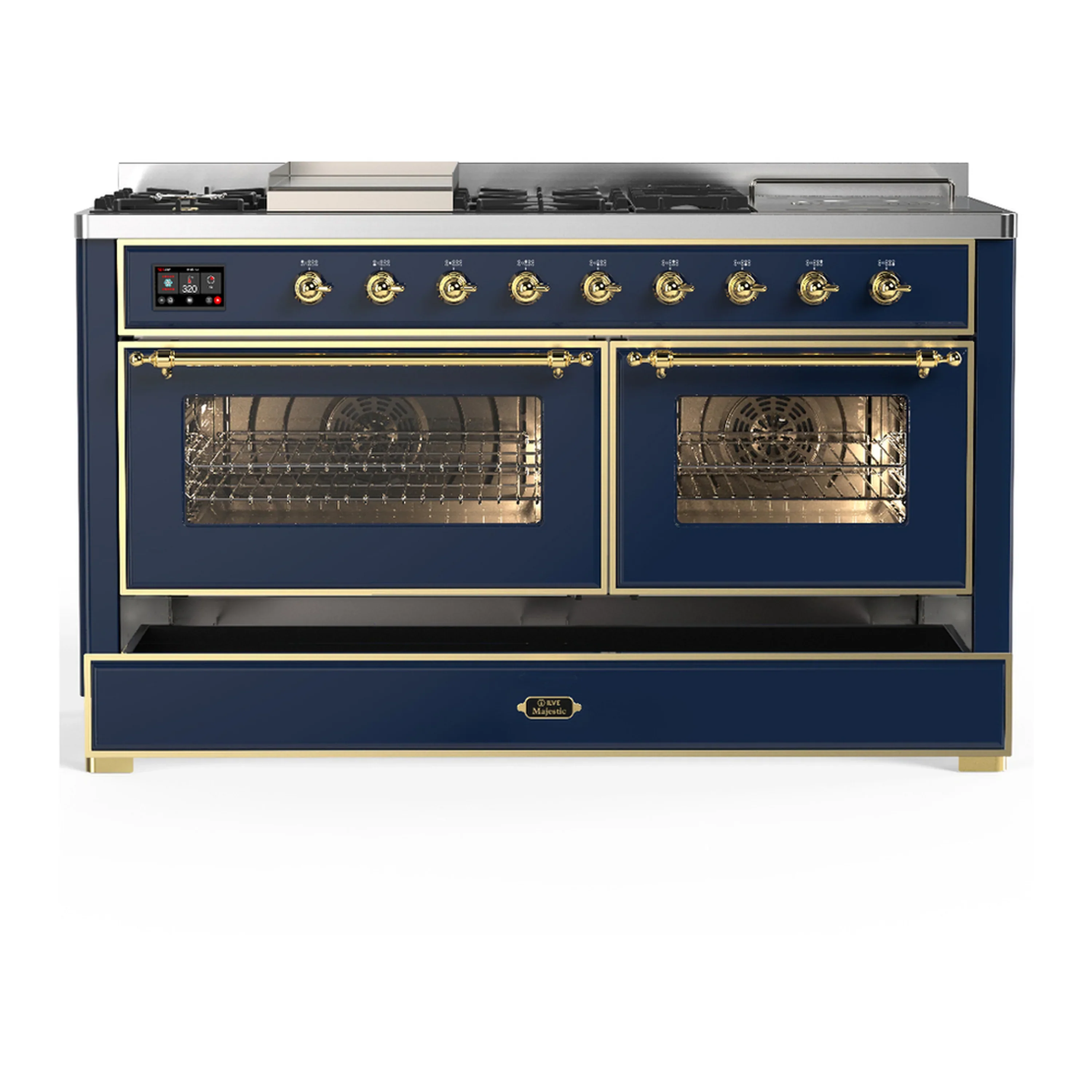 ILVE Majestic III 60-inch Dual Fuel Range with 7 Natural Gas Burner, Griddle, French Top and Triple Glass Door Electric Oven in Blue Grey with Brass Trim (UM60FSNR3MBG) - Image 3