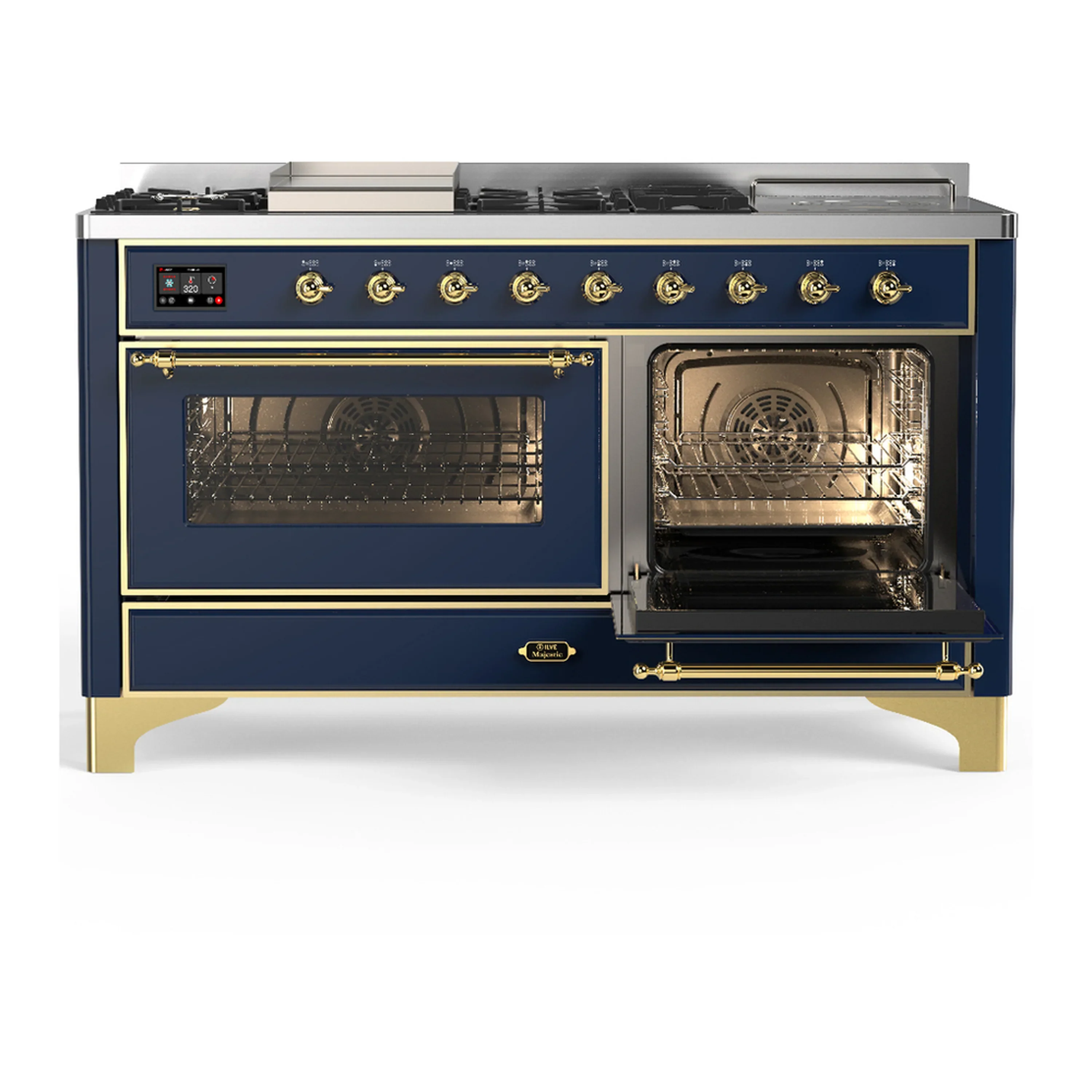ILVE Majestic III 60-inch Dual Fuel Range with 7 Natural Gas Burner, Griddle, French Top and Triple Glass Door Electric Oven in Blue Grey with Brass Trim (UM60FSNR3MBG) - Image 4
