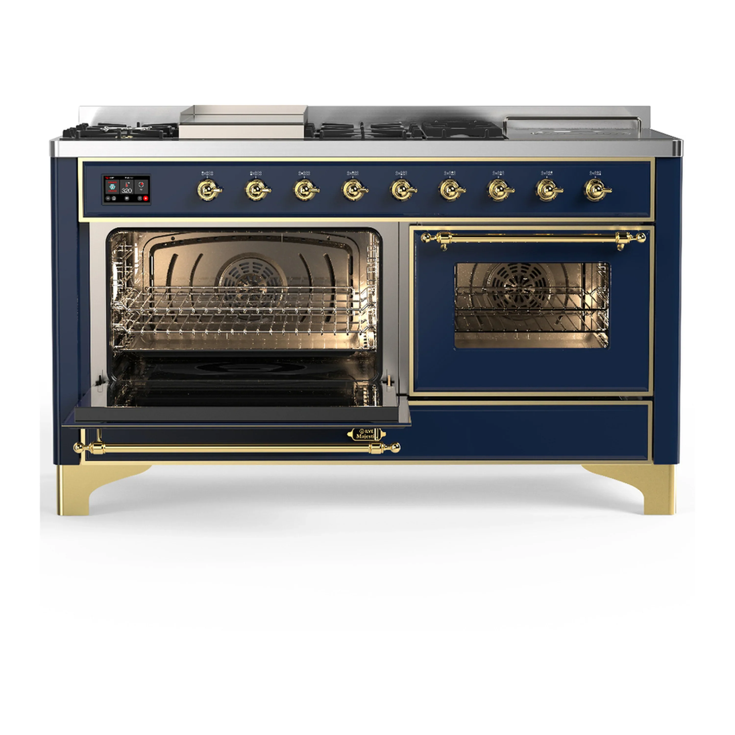 ILVE Majestic III 60-inch Dual Fuel Range with 7 Natural Gas Burner, Griddle, French Top and Triple Glass Door Electric Oven in Blue Grey with Brass Trim (UM60FSNR3MBG) - Image 5