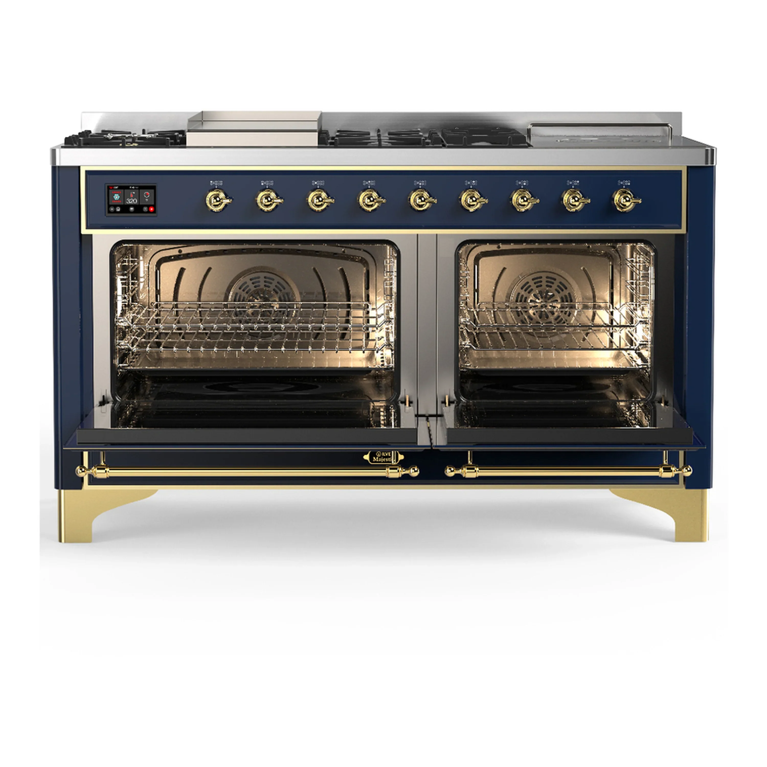 ILVE Majestic III 60-inch Dual Fuel Range with 7 Natural Gas Burner, Griddle, French Top and Triple Glass Door Electric Oven in Blue Grey with Brass Trim (UM60FSNR3MBG) - Image 6