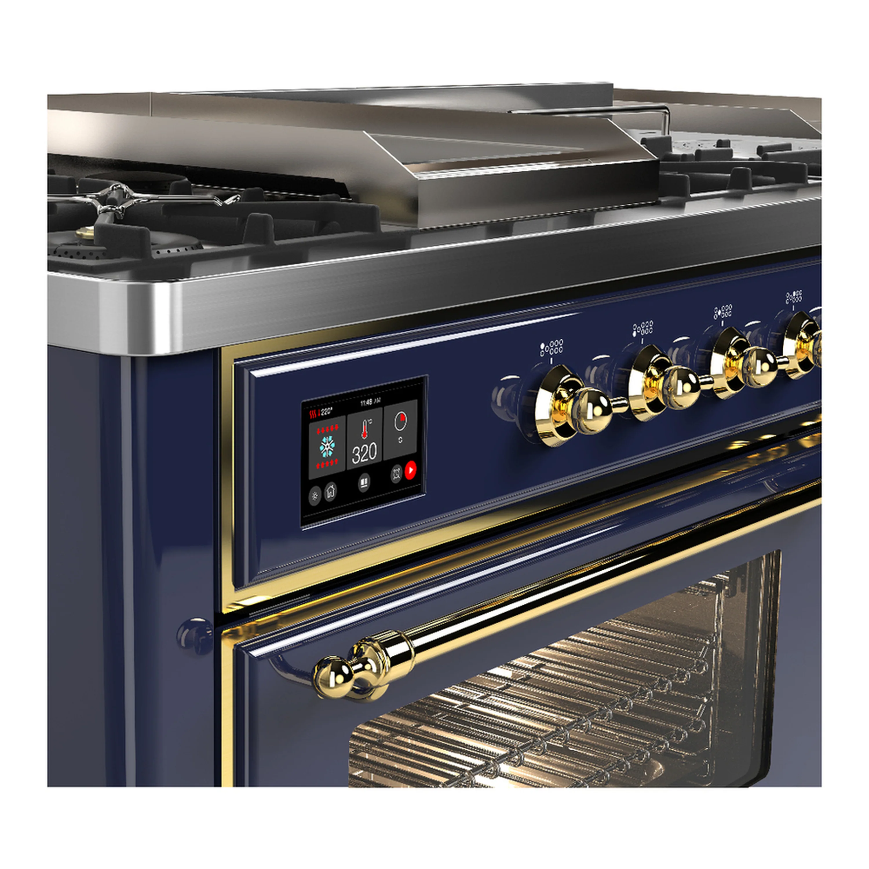 ILVE Majestic III 60-inch Dual Fuel Range with 5 Liquid Propane Burner, Griddle, French Top and Triple Glass Door Electric Oven in Blue Grey with Brass Trim (UM60FSNR3MBGLP) - Image 7