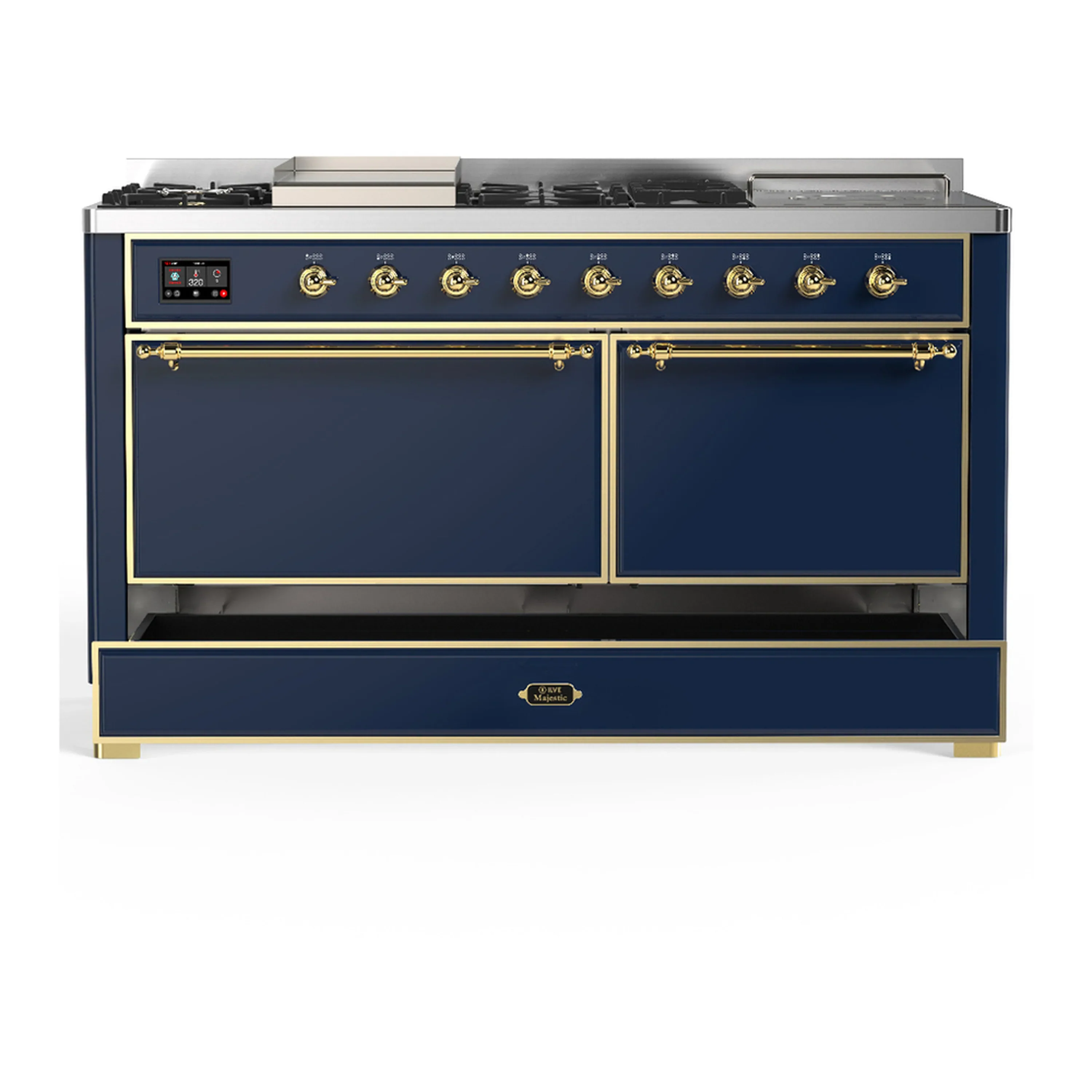ILVE Majestic III 60-inch Dual Fuel Range with 7 Natural Gas Burner, Griddle, French Top and Solid Door Electric Oven in Blue Grey with Brass Trim (UM60FSQNR3MBG) - Image 3