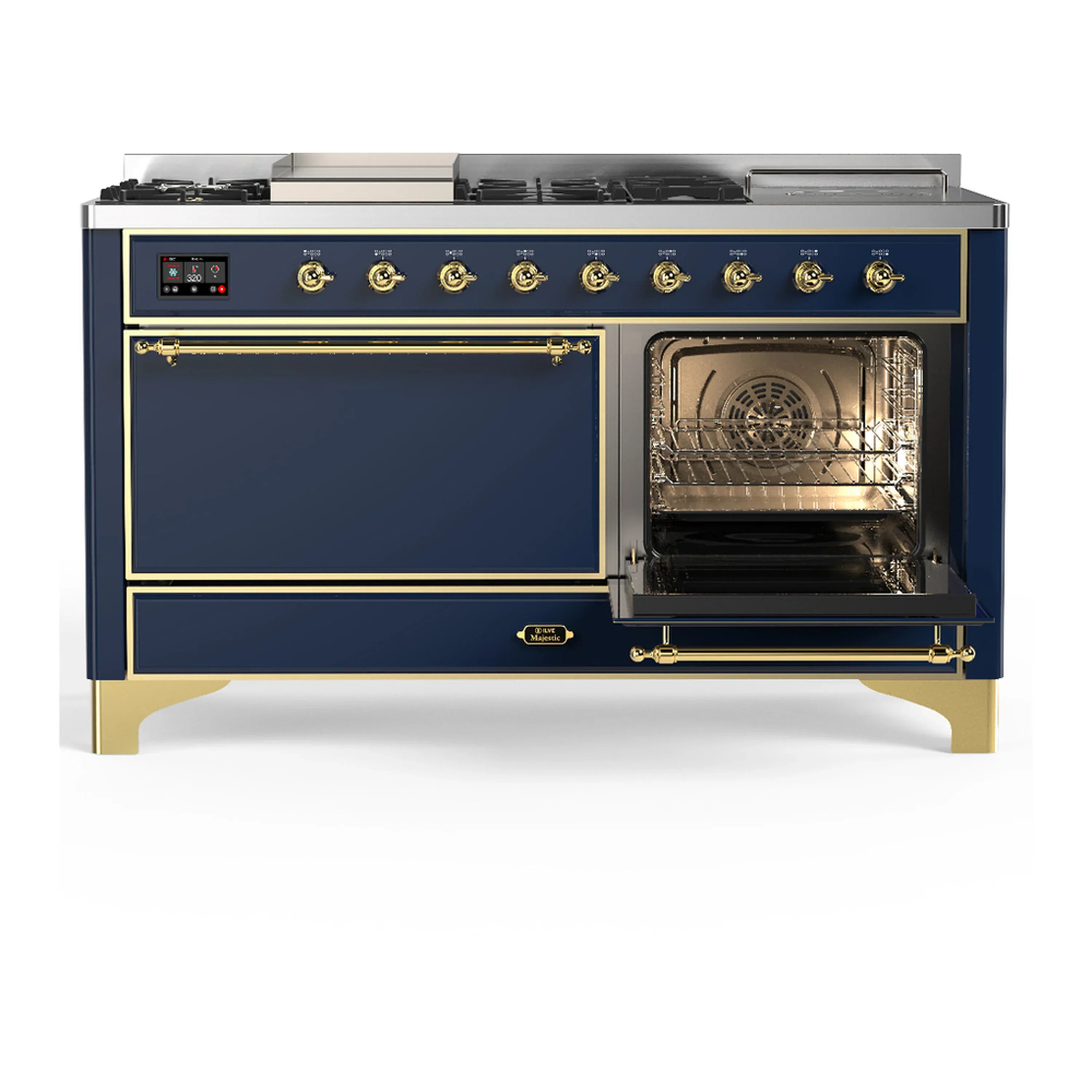 ILVE Majestic III 60-inch Dual Fuel Range with 7 Natural Gas Burner, Griddle, French Top and Solid Door Electric Oven in Blue Grey with Brass Trim (UM60FSQNR3MBG) - Image 4