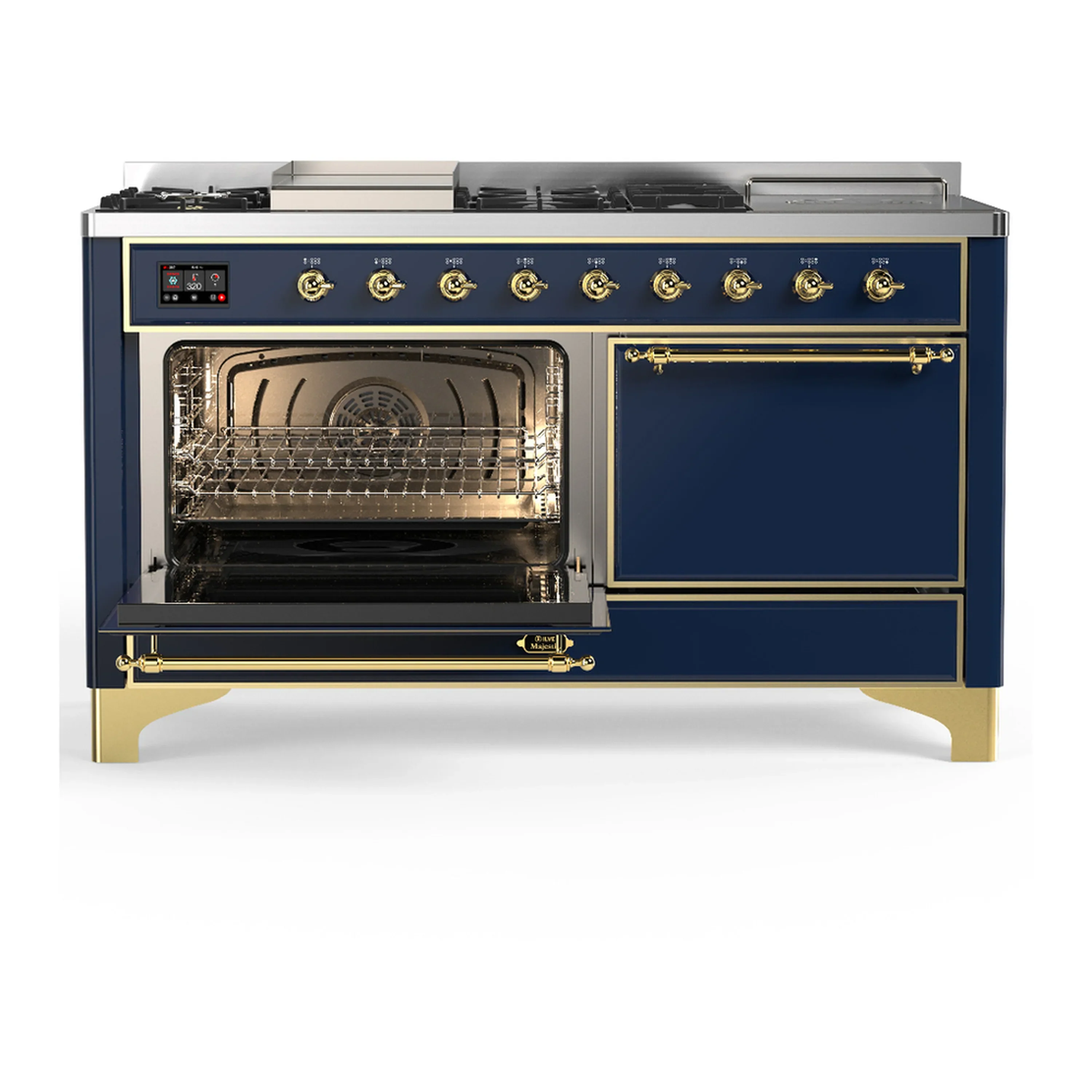 ILVE Majestic III 60-inch Dual Fuel Range with 5 Liquid Propane Burner, Griddle, French Top and Solid Door Electric Oven in Blue Grey with Brass Trim (UM60FSQNR3MBGLP) - Image 5