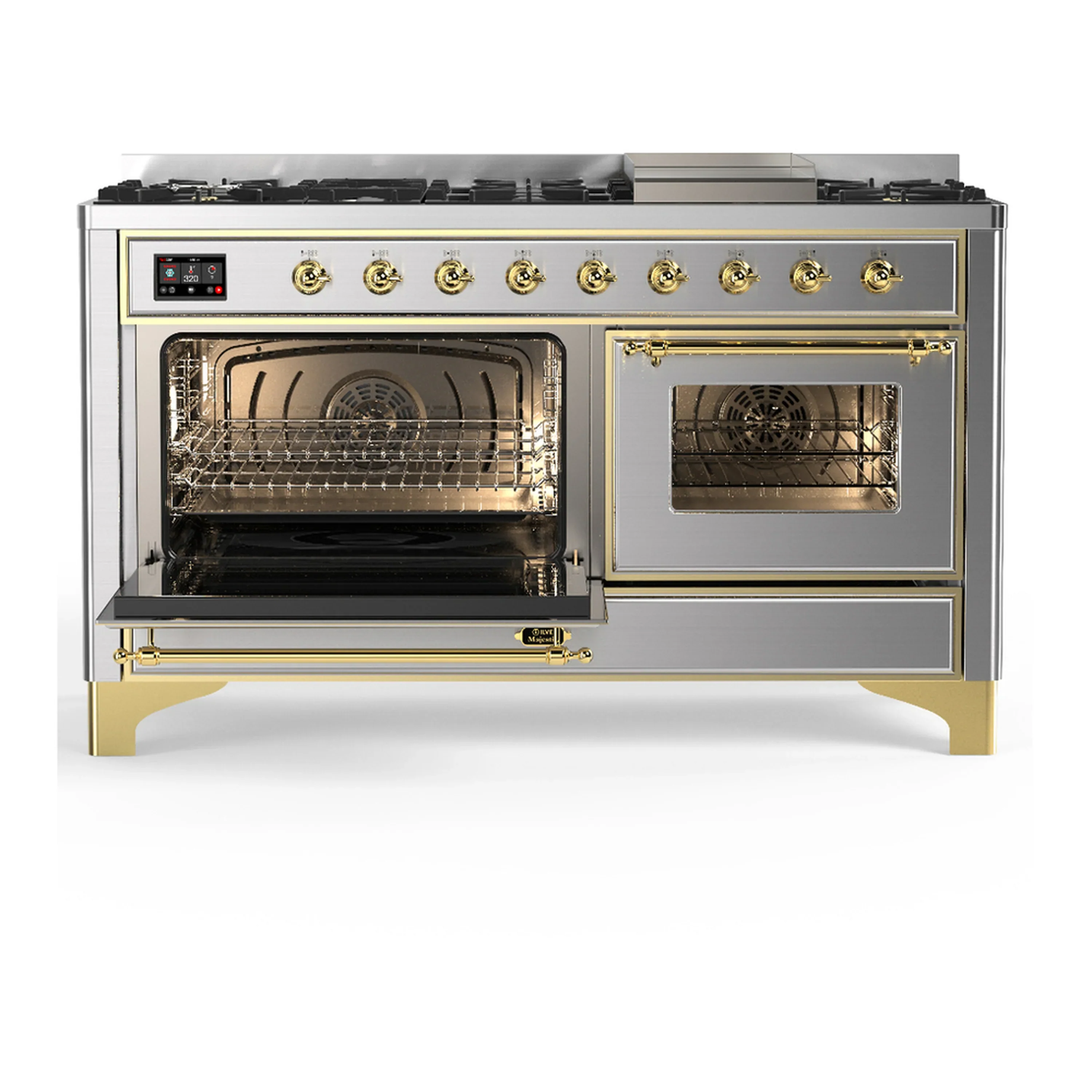ILVE Majestic III 60-inch Dual Fuel Range with 7 Natural Gas Burner, Griddle and Triple Glass Door Electric Oven in Stainless Steel with Brass Trim (UM60FNR3SSG) - Image 5