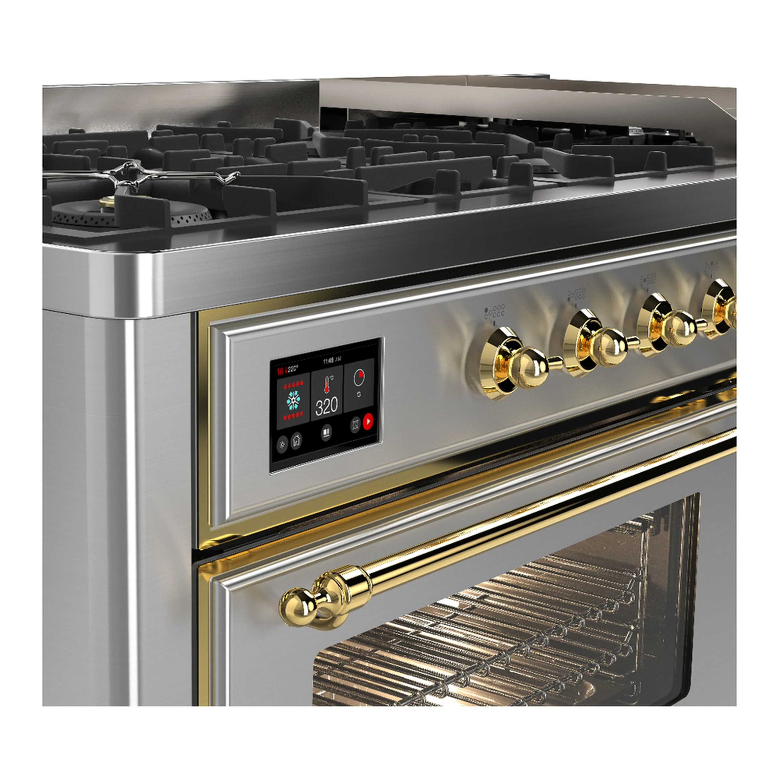 ILVE Majestic III 60-inch Dual Fuel Range with 7 Natural Gas Burner, Griddle and Triple Glass Door Electric Oven in Stainless Steel with Brass Trim (UM60FNR3SSG) - Image 7
