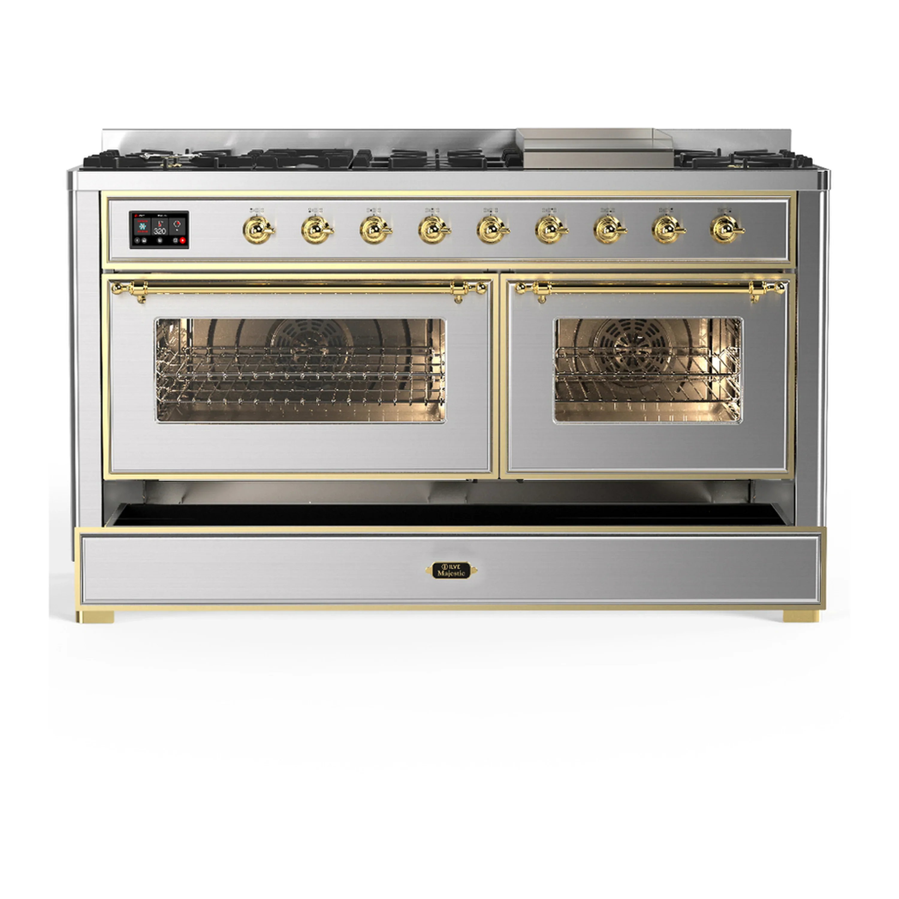 ILVE Majestic III 60-inch Dual Fuel Range with 5 Liquid Propane Burner, Griddle and Triple Glass Door Electric Oven in Stainless Steel with Brass Trim (UM60FNR3SSGLP) - Image 3