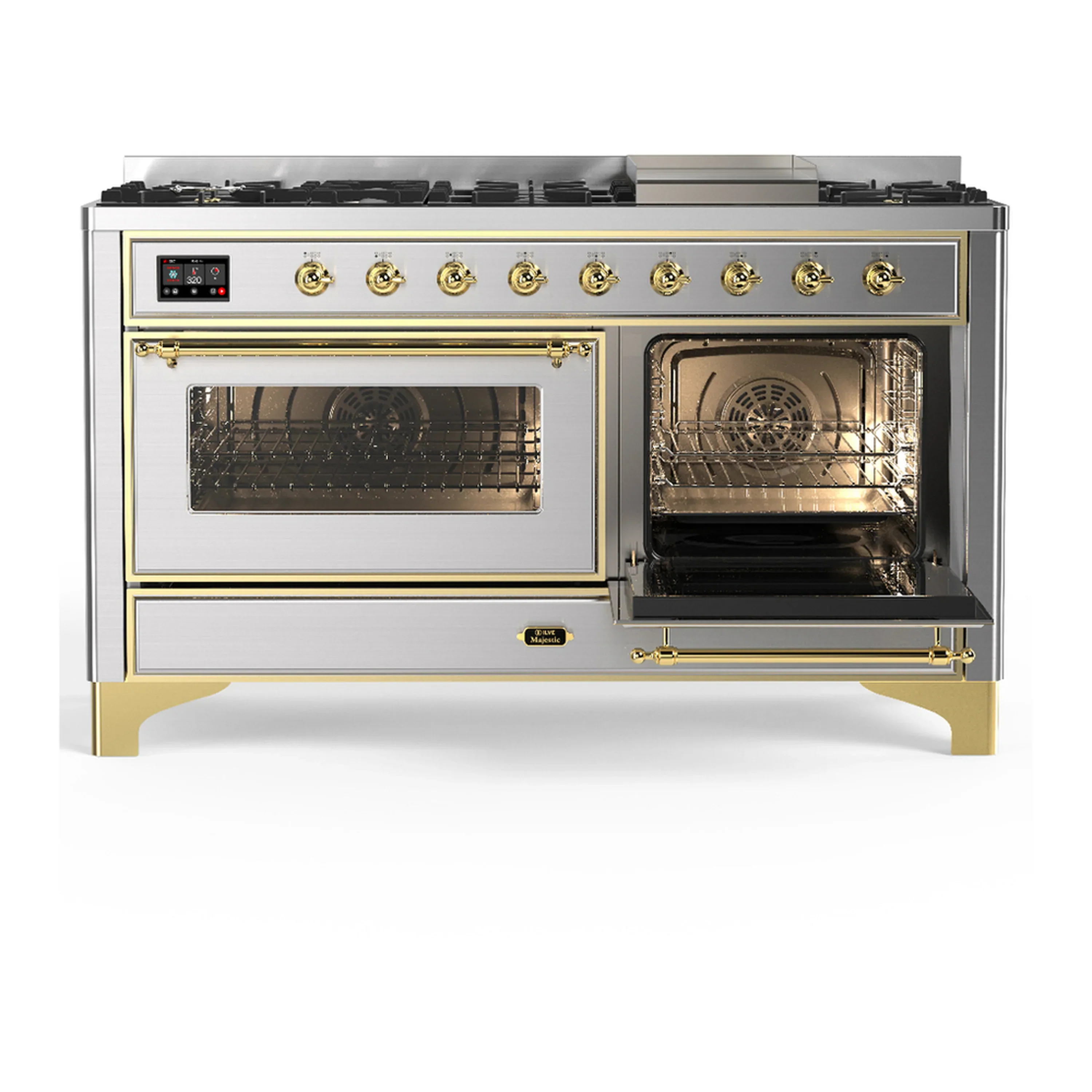 ILVE Majestic III 60-inch Dual Fuel Range with 5 Liquid Propane Burner, Griddle and Triple Glass Door Electric Oven in Stainless Steel with Brass Trim (UM60FNR3SSGLP) - Image 4